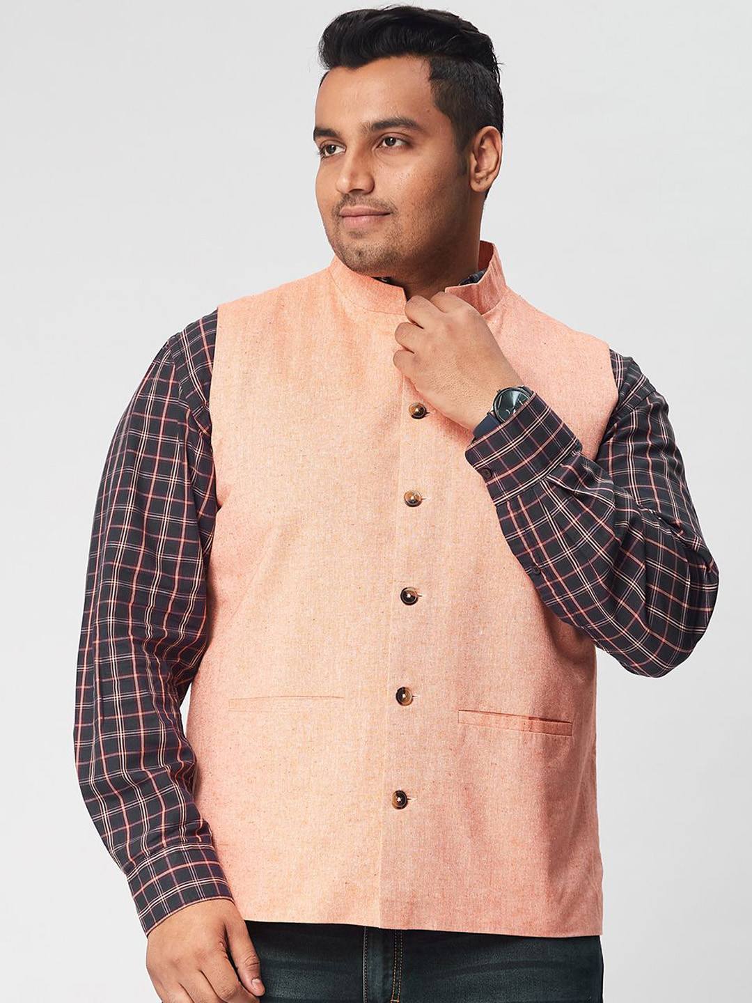 Big Hello - The Plus Life Mandarin Collar Cotton Linen Bandhgala Waistcoat