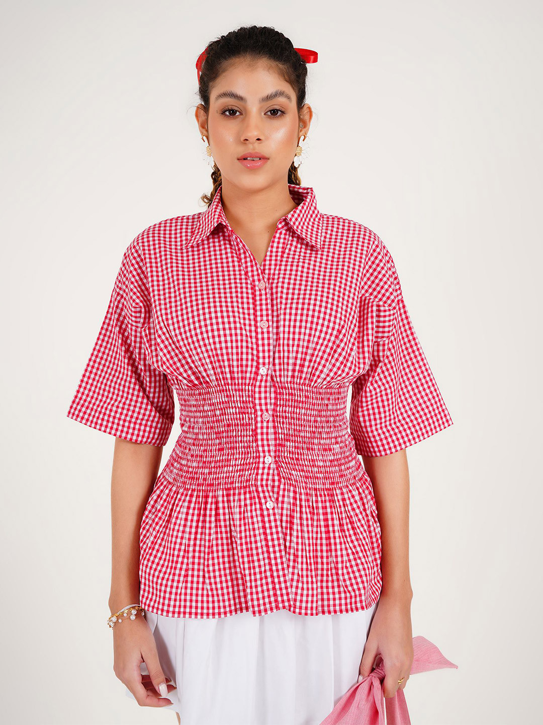 Western Era Women Checked Shirt Collar CottonShirt Style Top