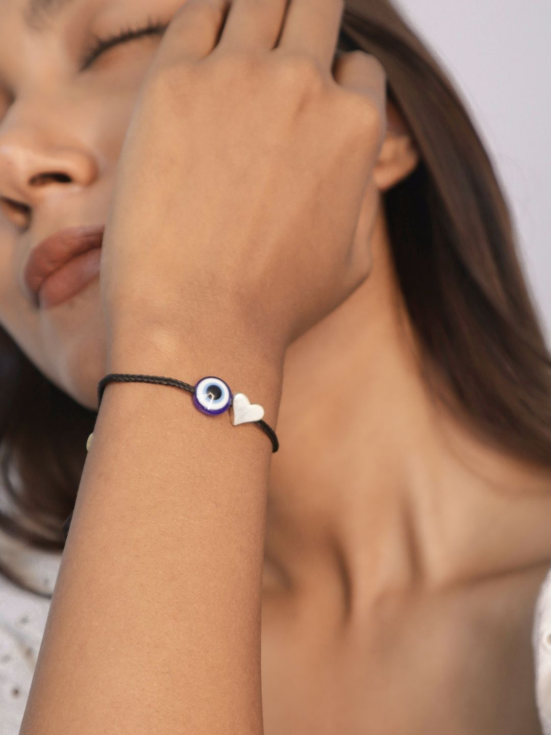 House of Pehr Women 92.5 Sterling Silver Heart Beaded Evil Eye Charm Anklet cum Bracelet