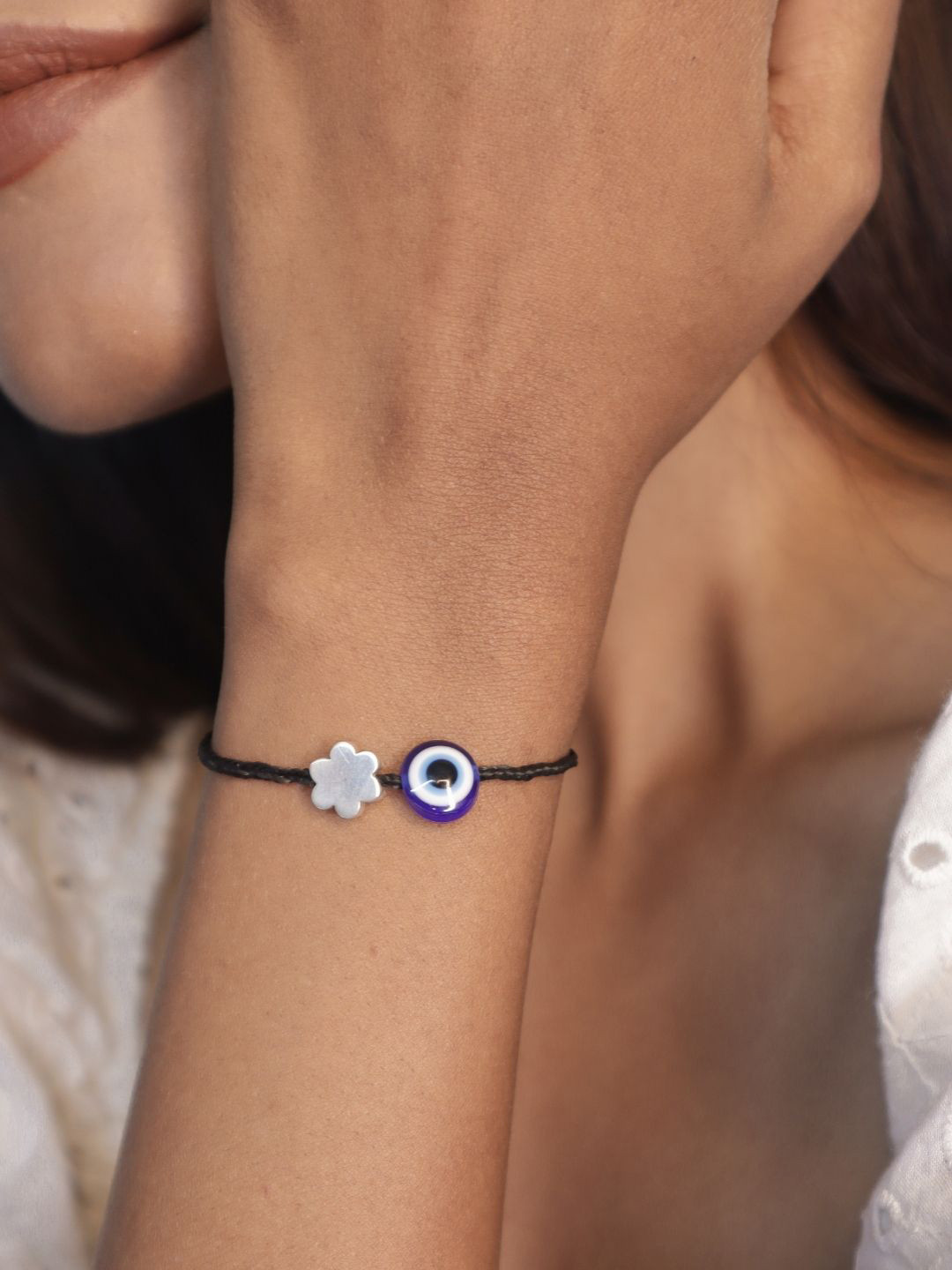 House of Pehr 1 Pc 92.5 Sterling Silver Flower Beaded Evil Eye Charm Bracelet/Anklet