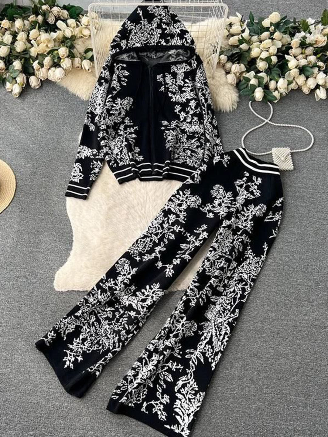 Miss Mosa By Akanksha  Black & White Fary Floral Woolen Co-Ord Set