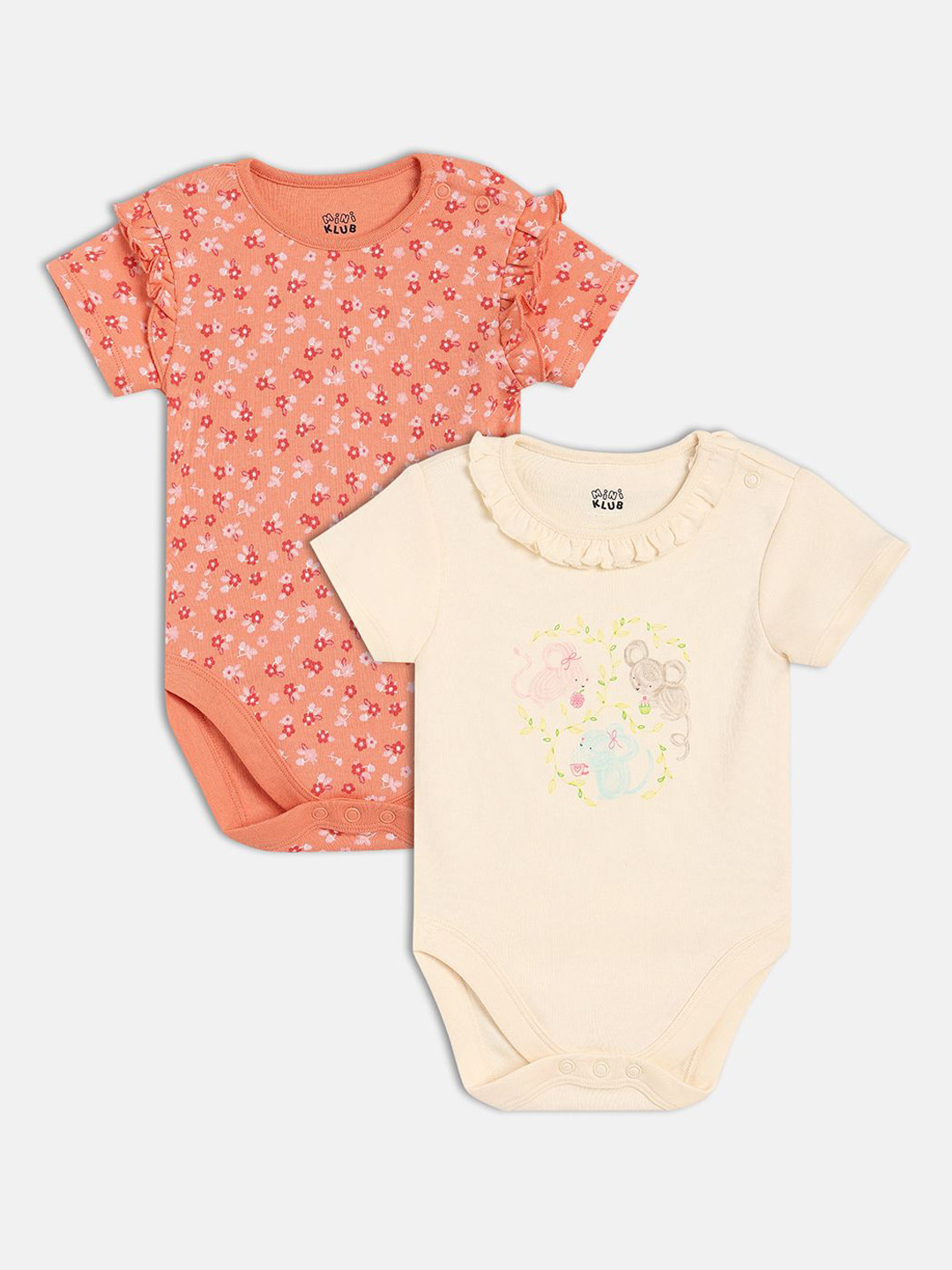 MINI KLUB Girls Pack Of 2 Floral Printed Half Sleeves Cotton Bodysuit