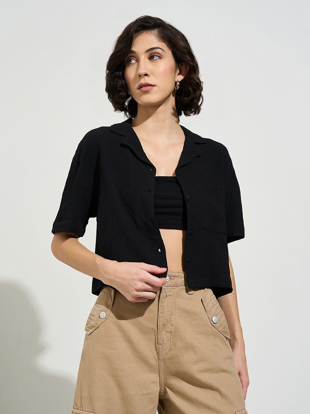 People Women Cuban Collar Solid Casual Shirt