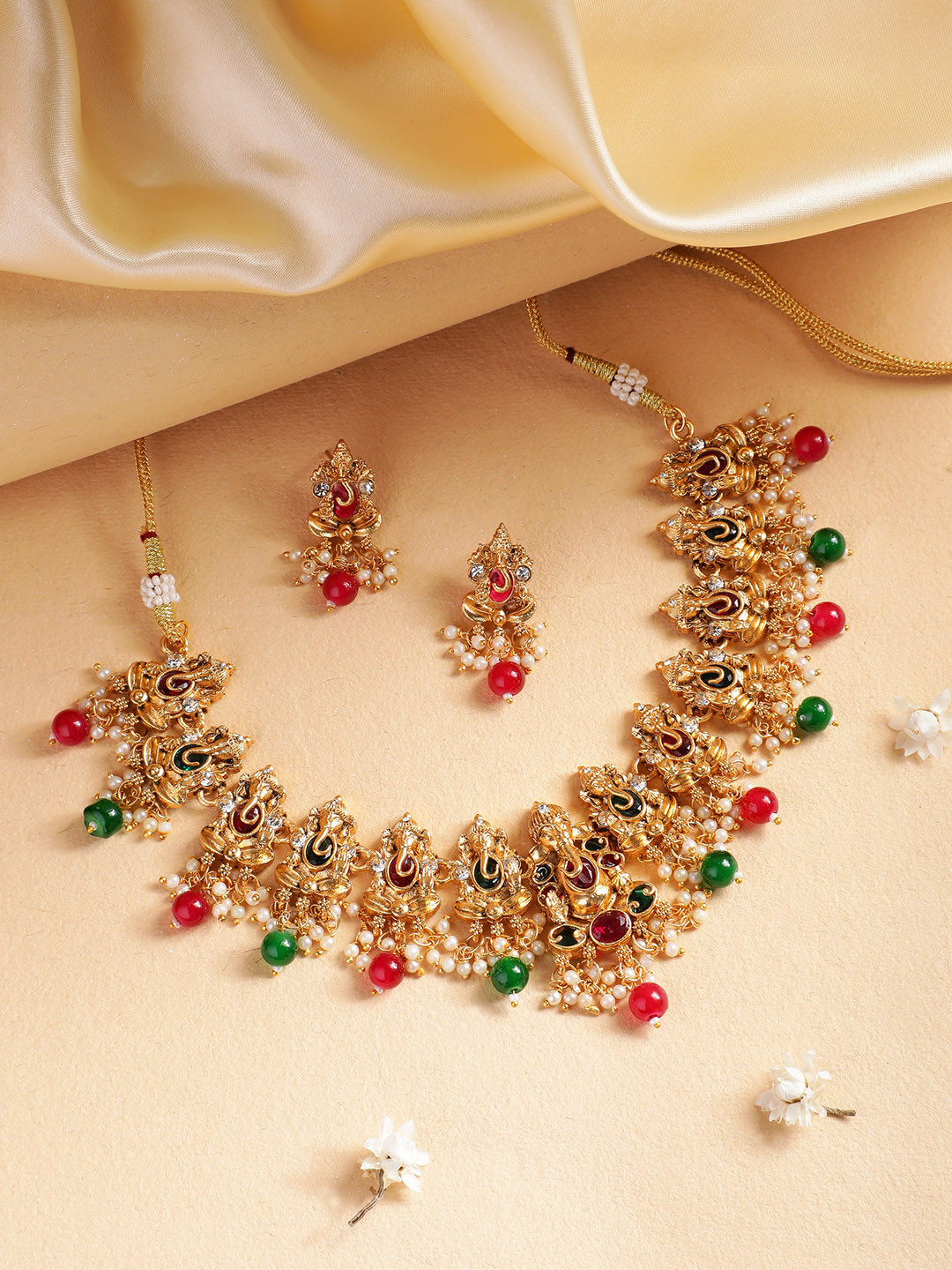 MANSIYAORANGE Gold-Plated Kempu Gemstone-Studded Lord Ganesha Temple Jewellery Set