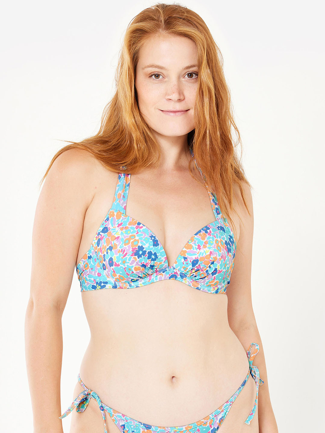 Decathlon Olaian Womens Blue Floral Printed Surfing Push-Up Bikini Top