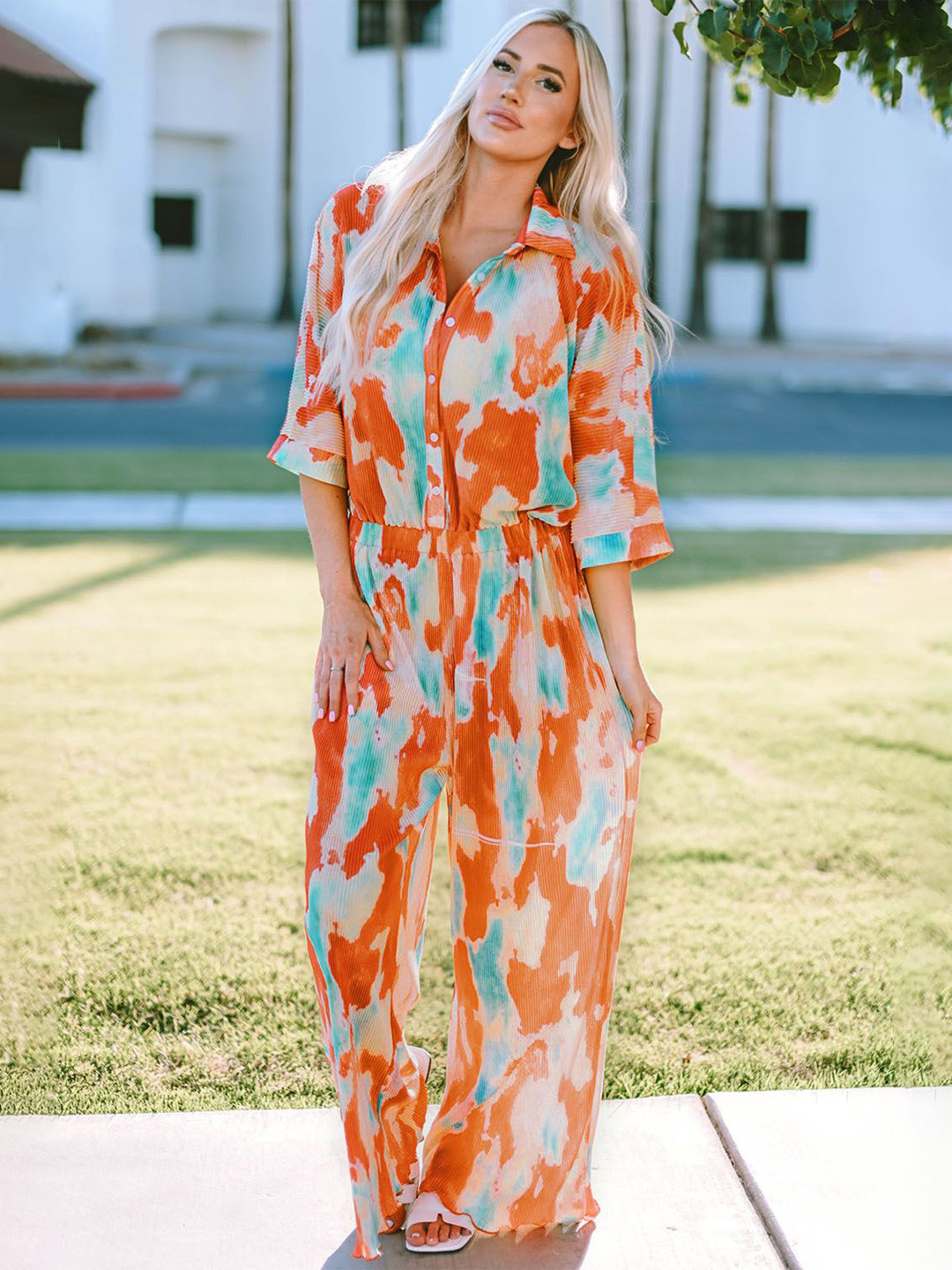 Errabelly Women Multicolor Bohemian Tie Dye Pleated Shirt Collar Loose Jumpsuit