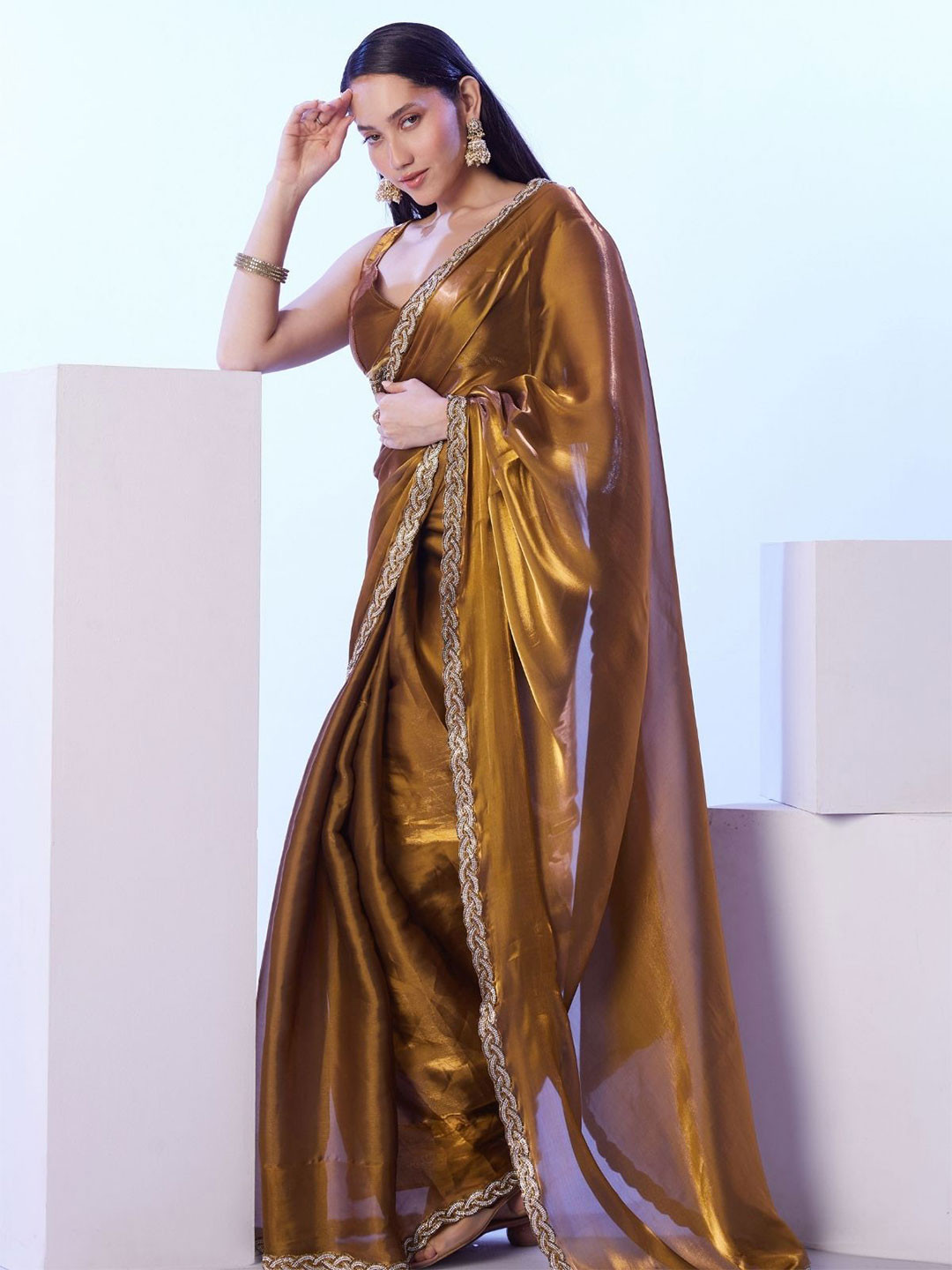 ODETTE  Satin Lace Work Saree With Unstitched Blouse For Women