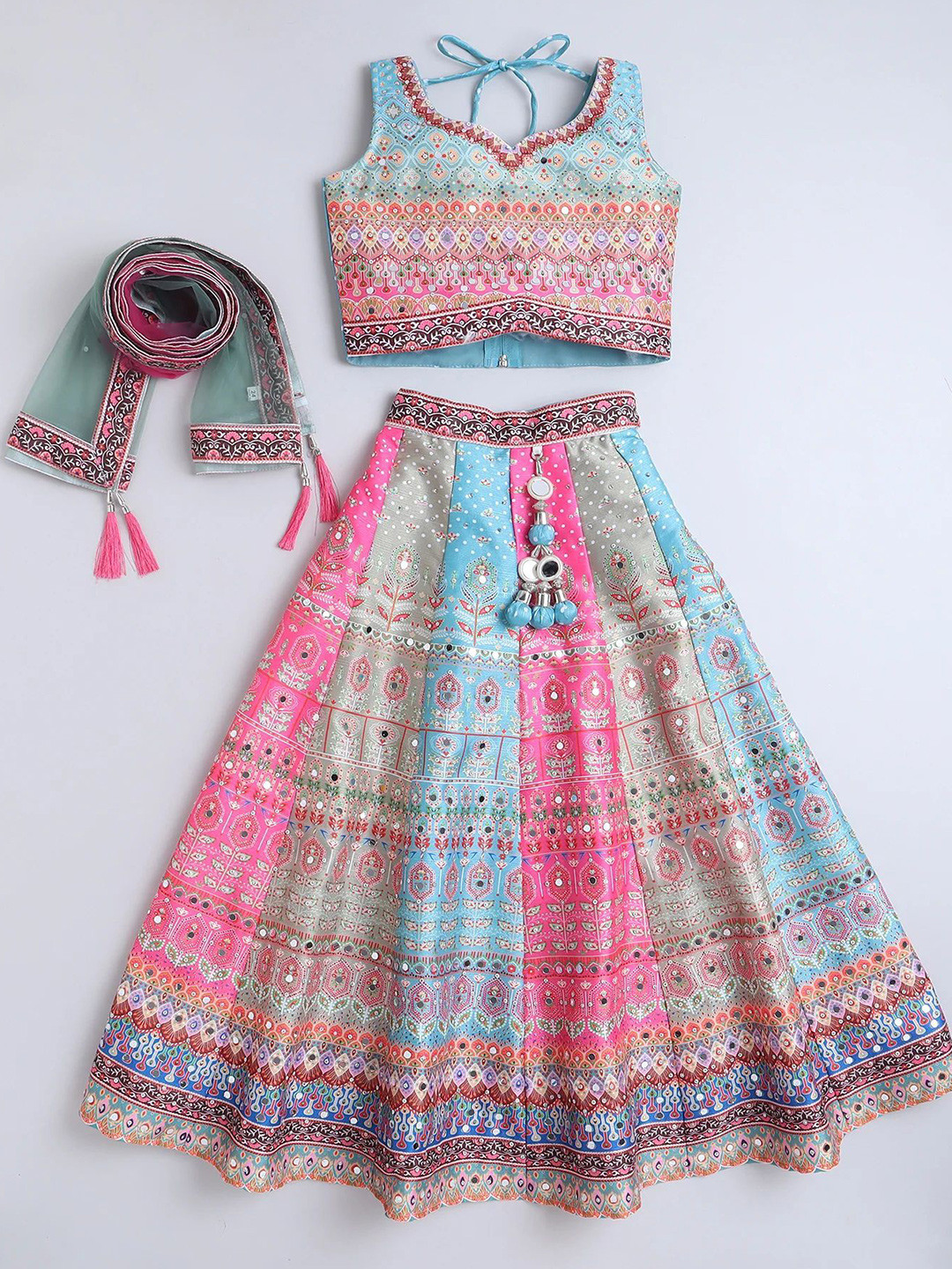 NKV Girls Printed Mirror Work Sweetheart Neck Ready to Wear Lehenga With Blouse & Dupatta