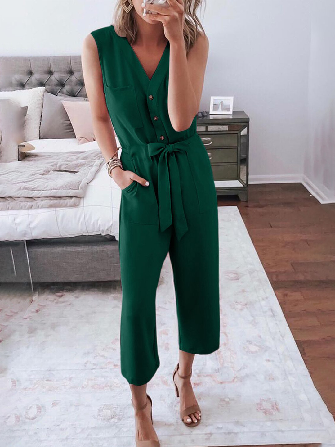 Errabelly Women green buttoned sleeveless cropped jumpsuit with sash Basic Jumpsuit