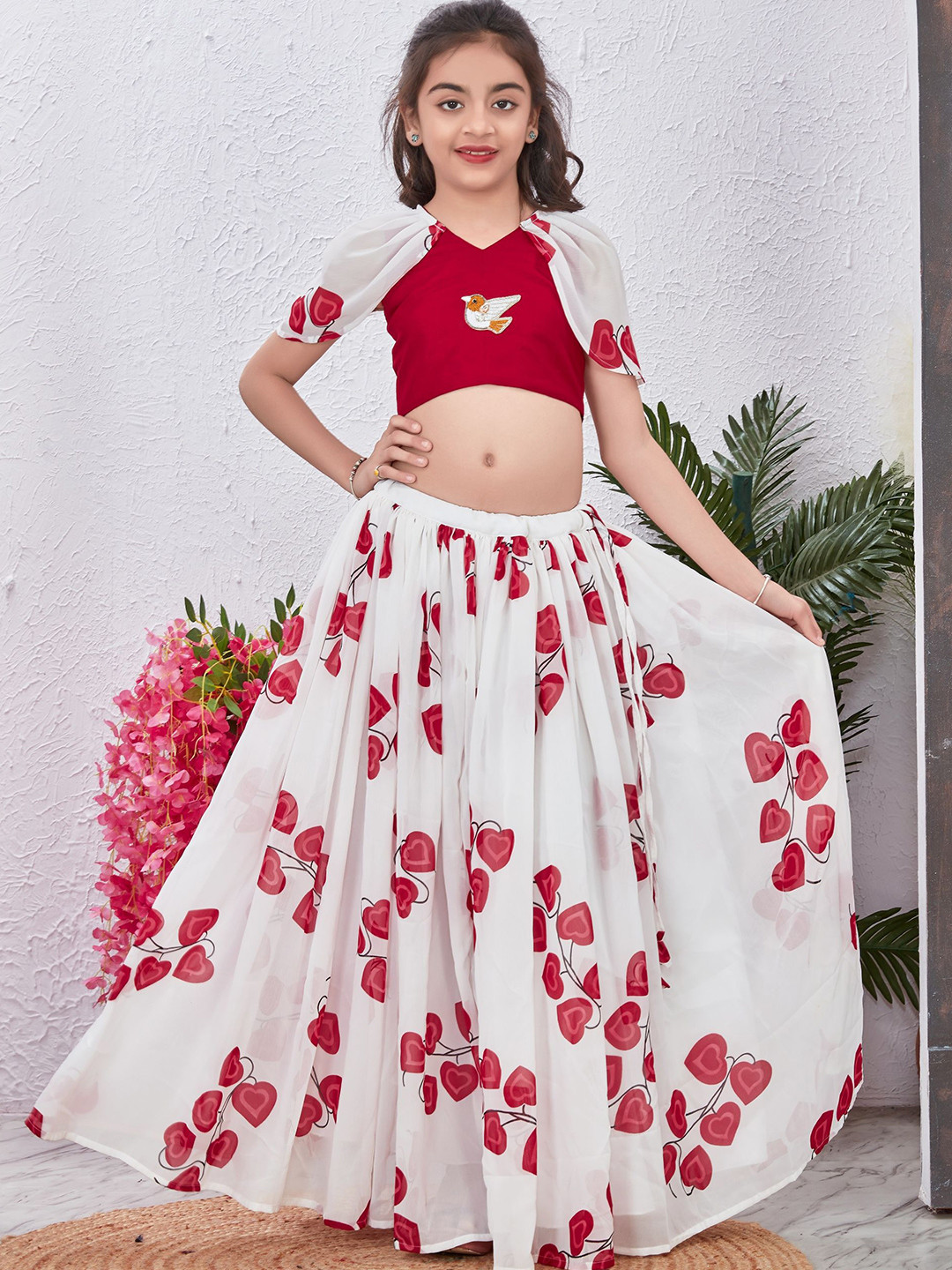 Anneca Girls Patchwork Puffed Sleeves Ready to Wear Lehenga & Choli