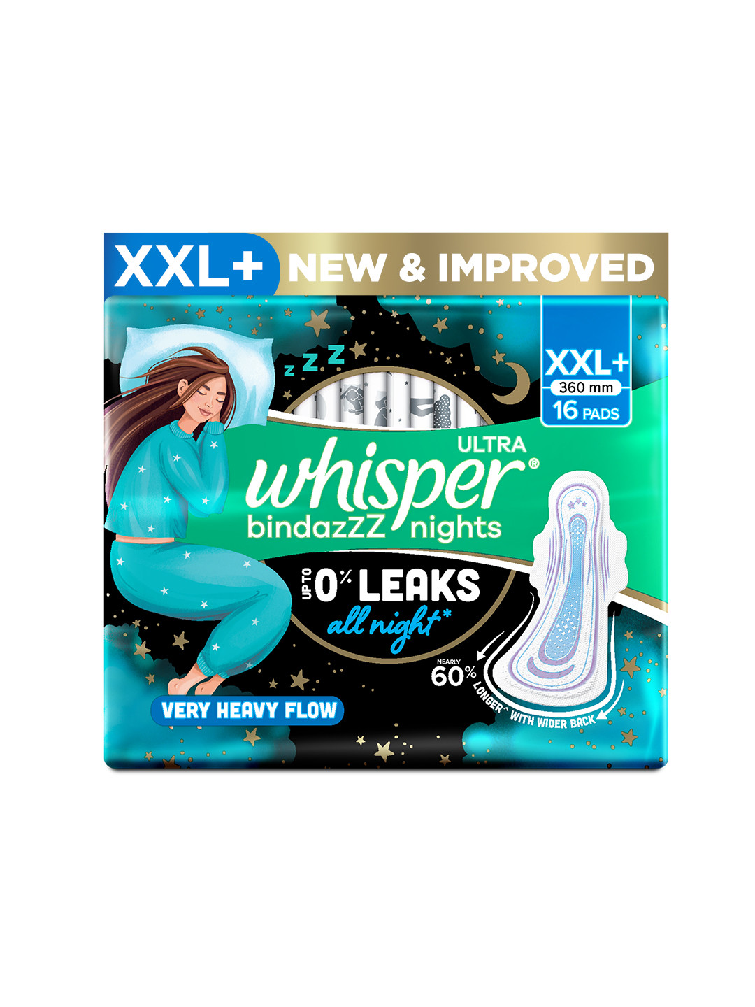 Whisper Bindazzz Nights XXL+ Sanitary Pads with Upto 0% Leaks All Night Long - 16 Pads