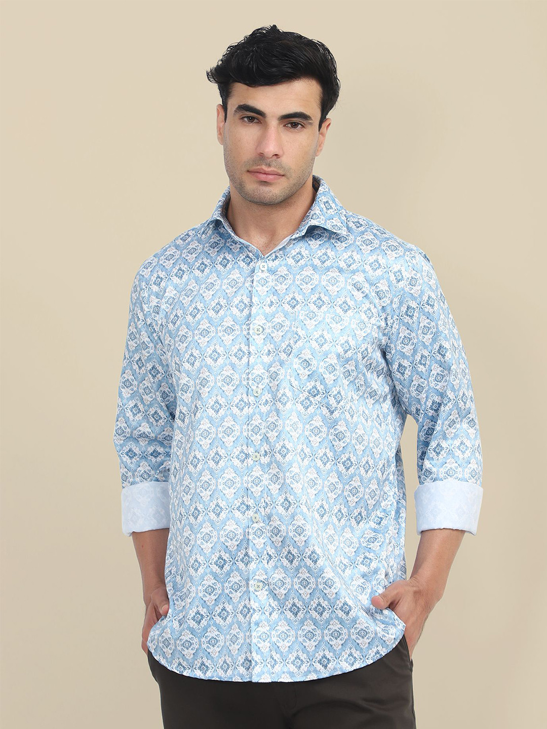 AMSWAN Men Spread Collar Floral Printed Satin Casual Shirt