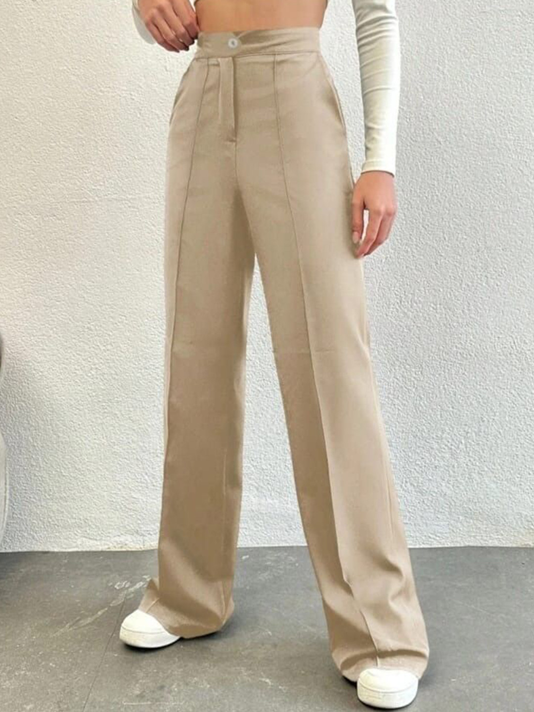 BROADSTAR Women Smart Straight Fit High-Rise Easy Wash Pleated Trousers