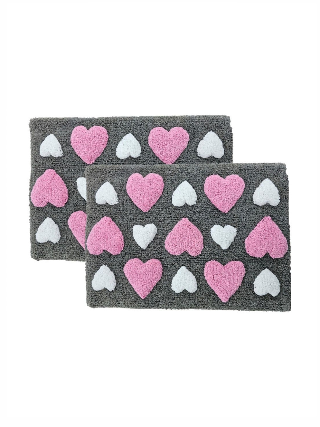 Aura Pack of 2 Grey, White & Pink Tufted Self-Designed 1800 GSM Cotton Anti Skid Bath Rugs