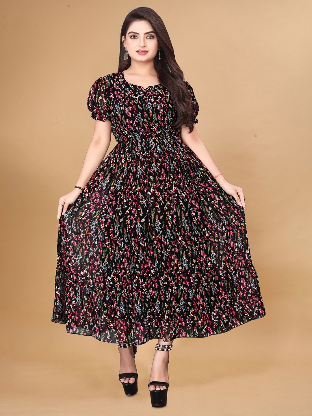 KRISHTI CREATION Floral Print Puff Sleeve Georgette Fit & Flare Maxi Dress