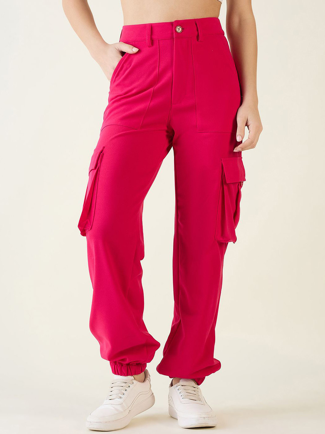 aayu Women Relaxed Loose Fit High-Rise Wrinkle Free Cargo Styles Joggers