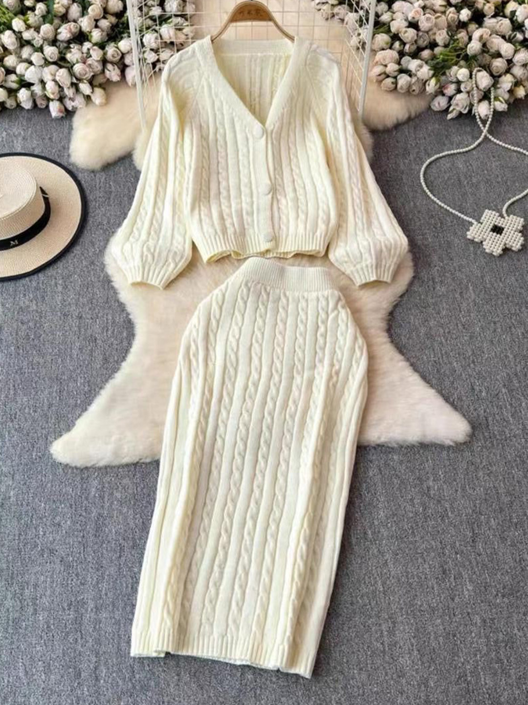 Miss Mosa By Akanksha  Beige Crystella Winter Pure Wool Co-Ord Set - Set of Sweater And Skirt