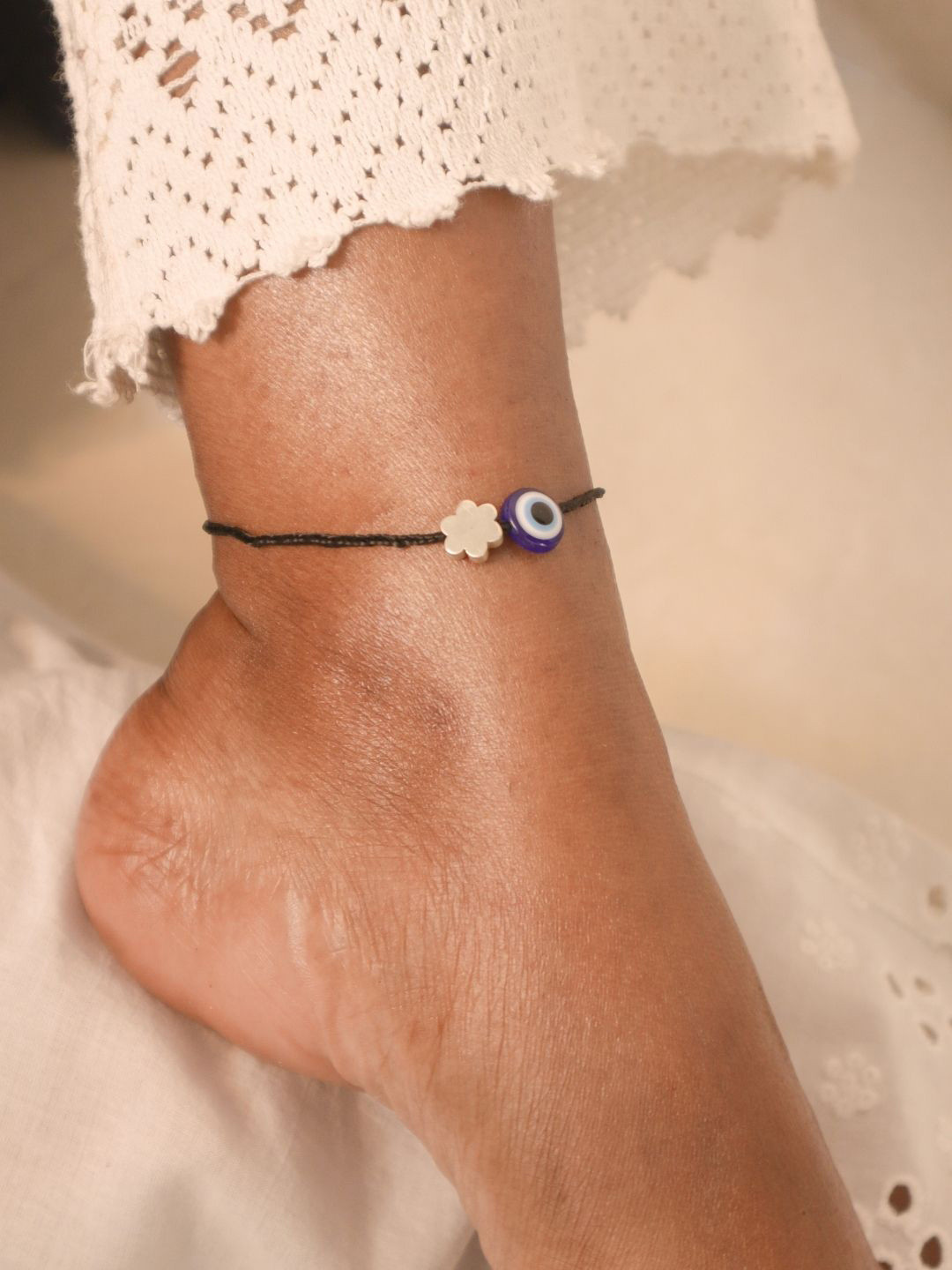 House of Pehr 92.5 Sterling Silver Flower Beaded Evil Eye Charm Anklet cum Bracelet