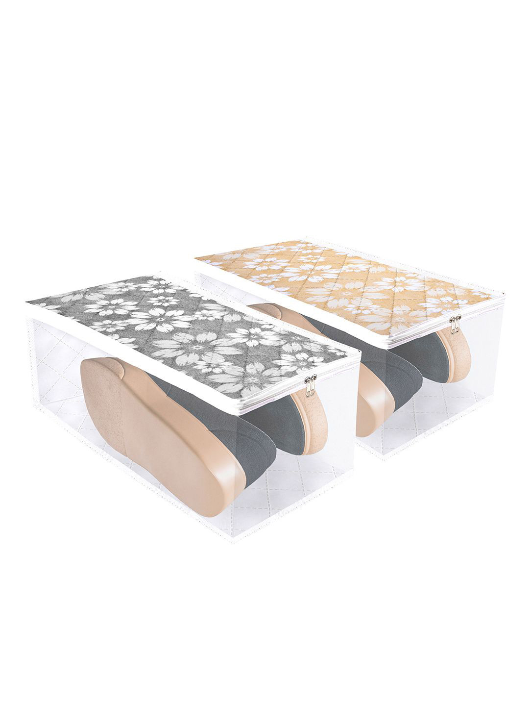 Kuber Industries Gold-Toned and Grey Pack Of 2 Flower Quilted Side Visible Shoe Covers