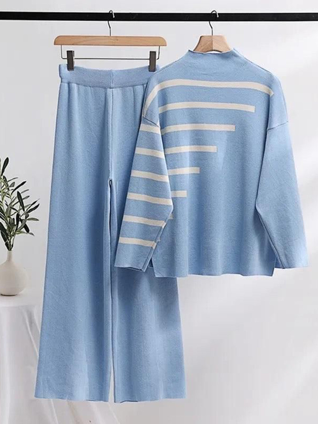 Miss Mosa By Akanksha  Blue Mario Striped Woollen Co-Ords Set