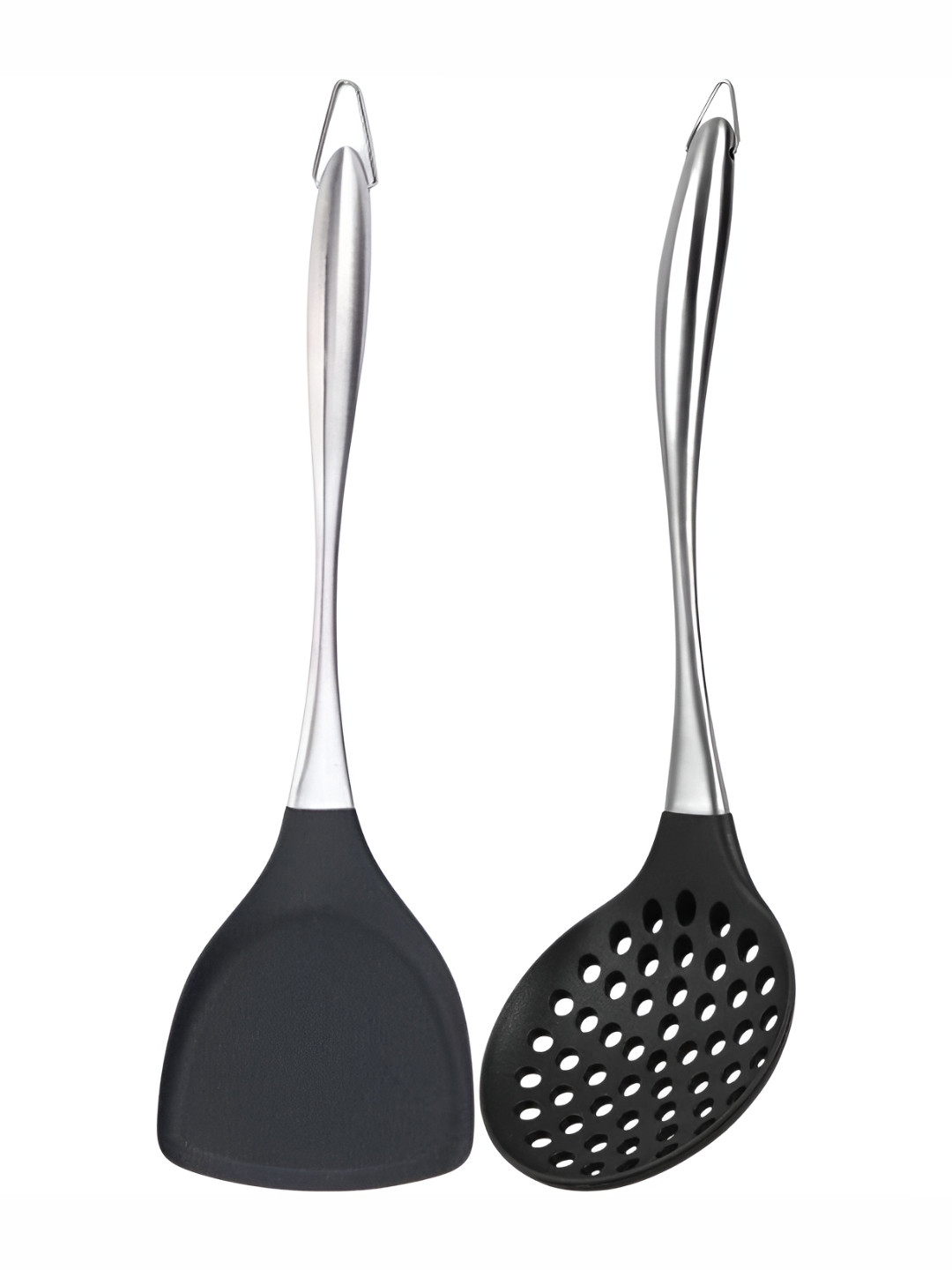 Baskety Steel & Black 2 Pieces Steel Scoop With Plain Slotted Spatula