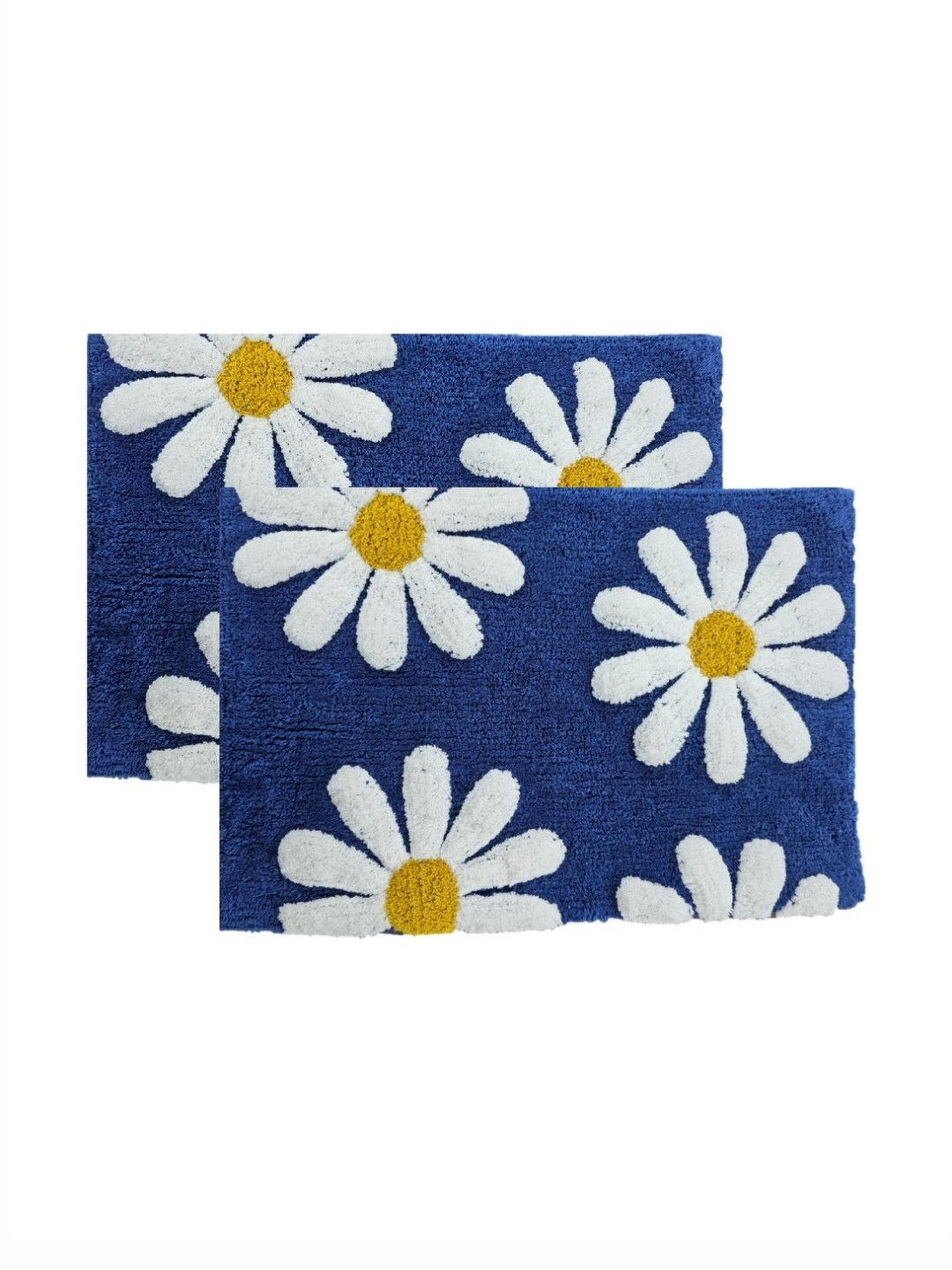 Aura 2-Pcs Navy Blue & White Self-Designed 1800 GSM Cotton Anti Skid Bath Rugs