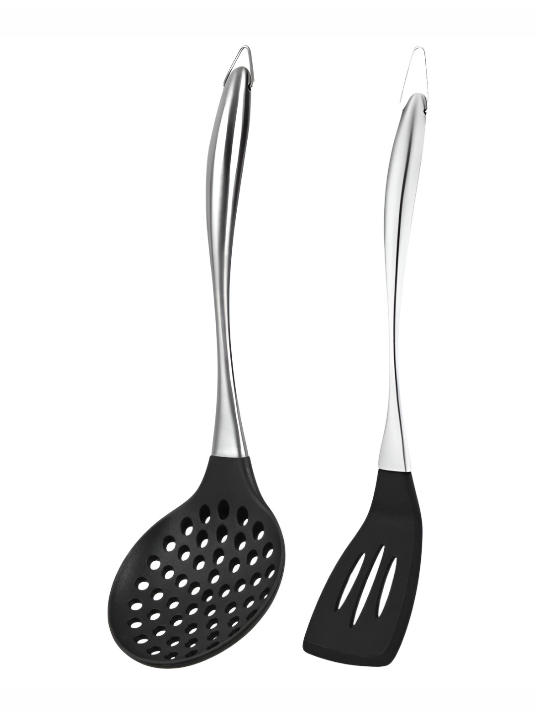 Baskety Set Of 2 Black Silicone Spatula With Skimmer Stainless Steel Handel