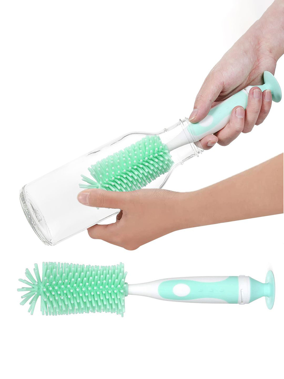 Kuber Industries 2-Pcs Green & White Silicone Detachable Bottle Cleaning Brushes