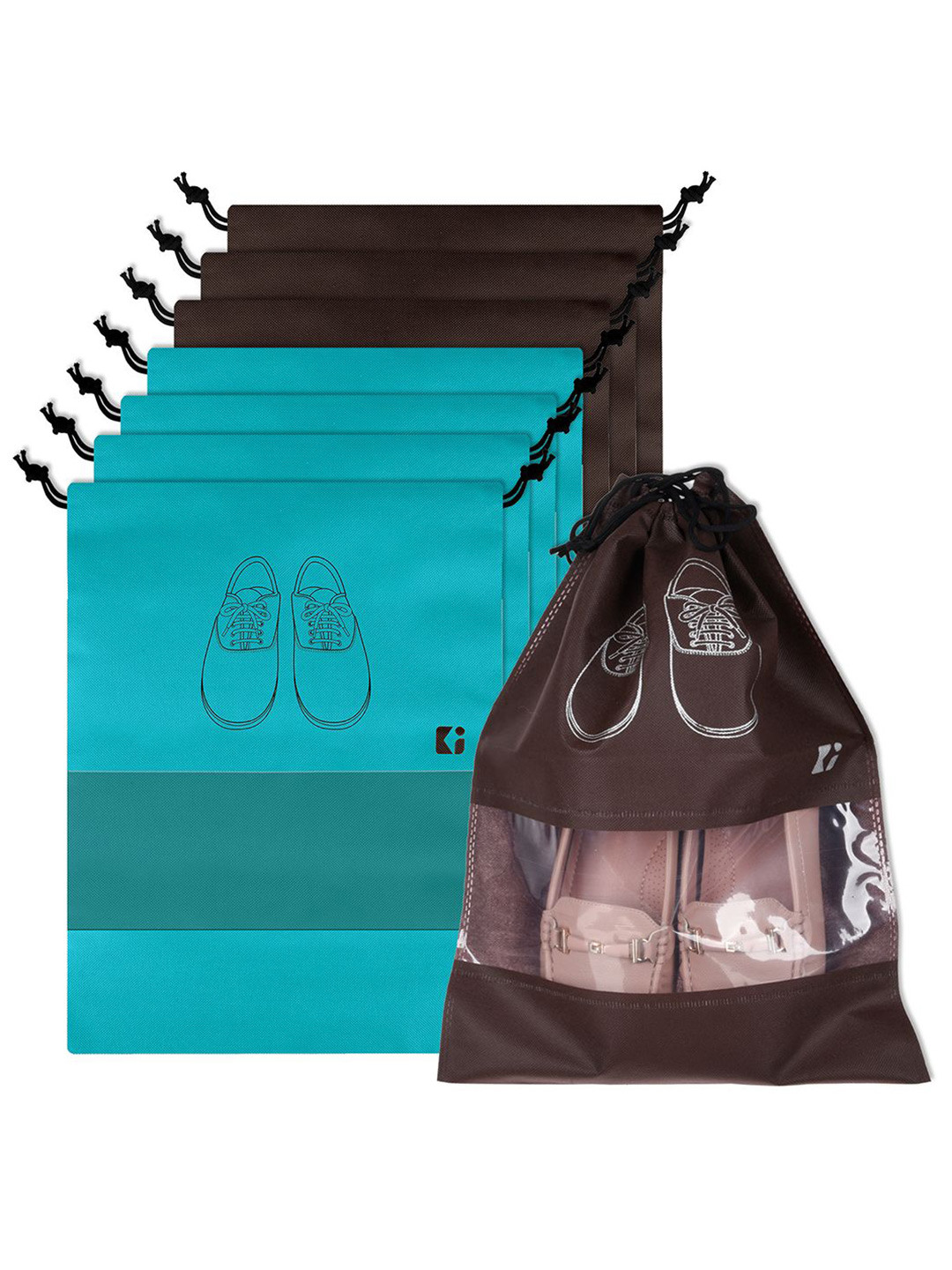 Kuber Industries Green and Coffee Brown 8 Pieces Printed Travel Shoe Cover Bags