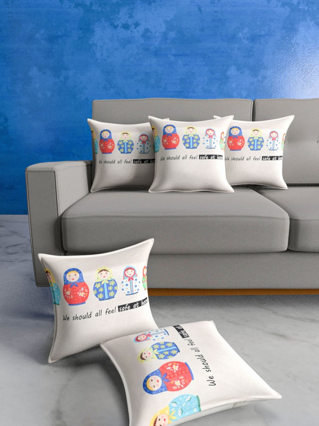 Urban Magic Beige & Blue 5 Pieces Quirky Printed Square Cushion Cover