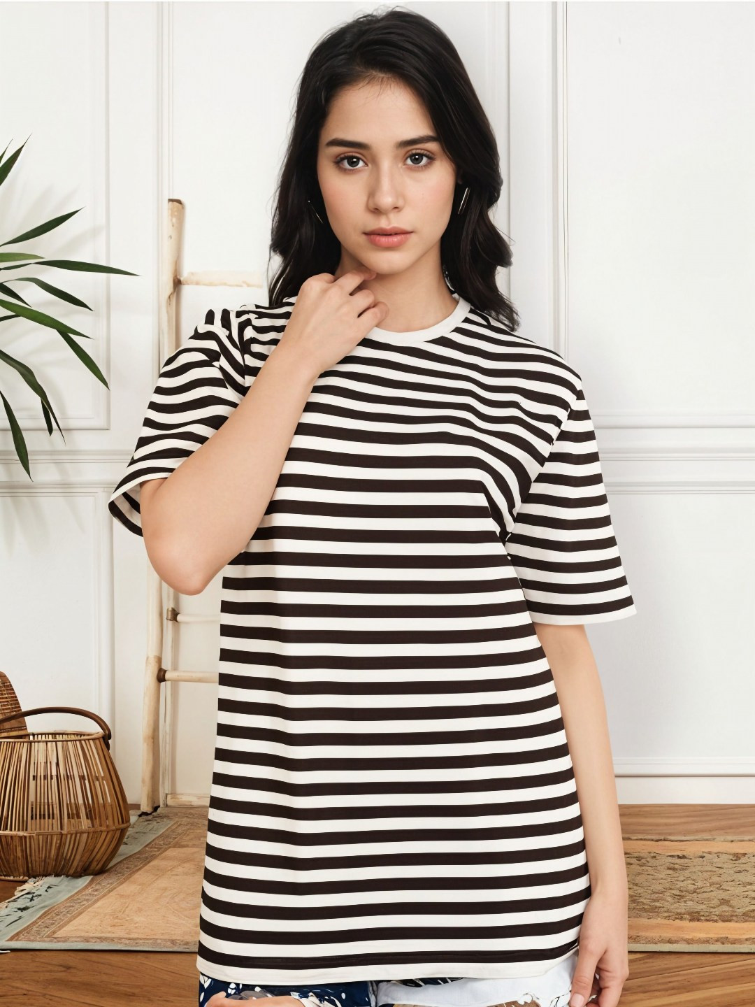 MACK JONNEY Women Striped Round Neck Cotton Oversized T-shirt