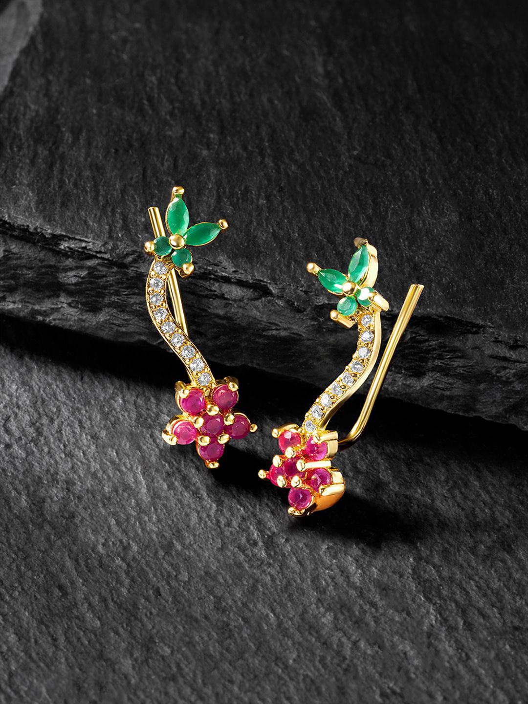 Peora Gold-Plated Cubic Zirconia Studded Floral Shaped Drop Earrings With Red Rose