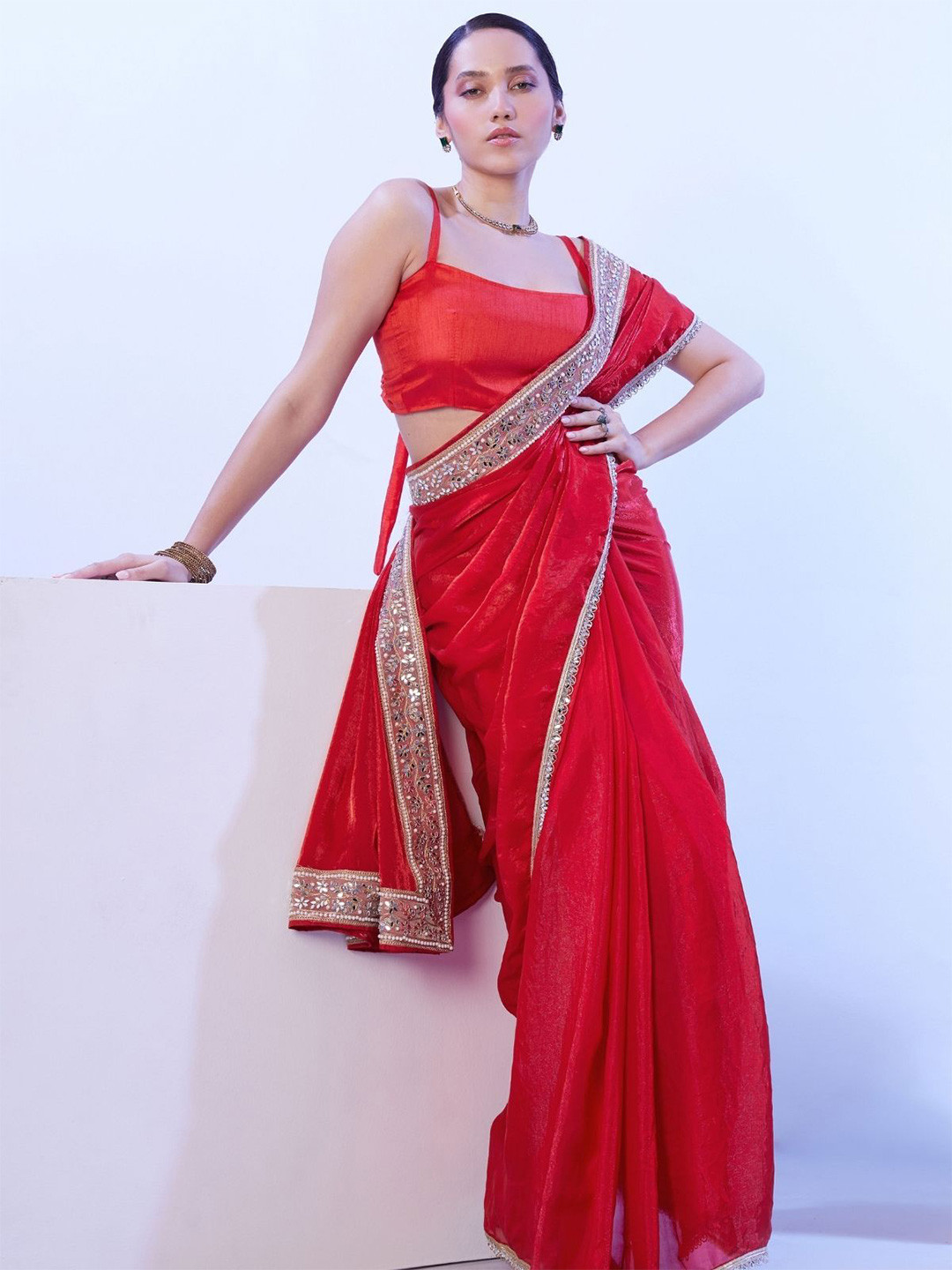 ODETTE Red Satin Lace Work Saree With Unstitched Blouse For Women