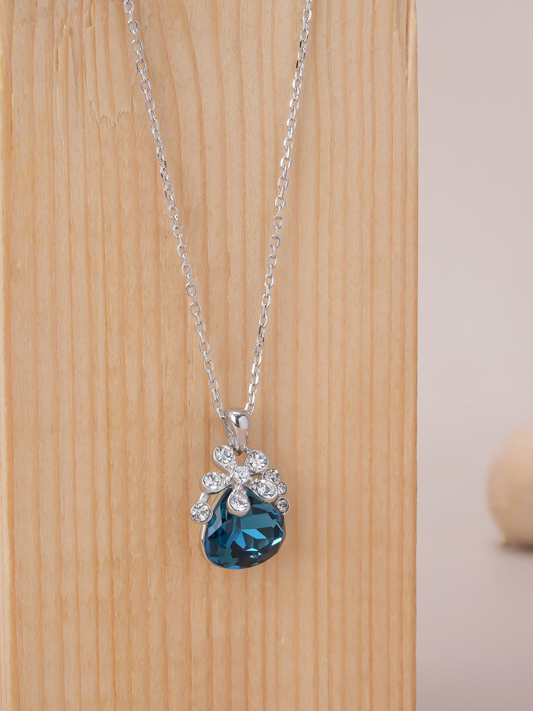 LIORA 925 Silver Jewellery Sterling Silver Rhodium Plated Blue Stone Pendant Chain