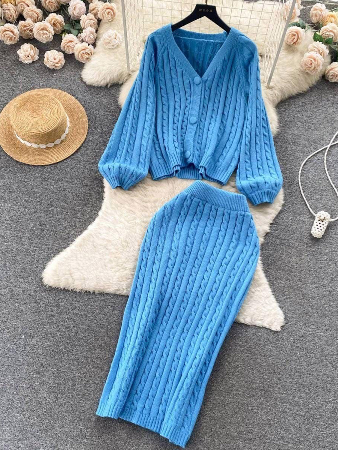 Miss Mosa By Akanksha  Blue Crystella Winter Pure Wool Coord Set - Set Of Sweater And Skirt