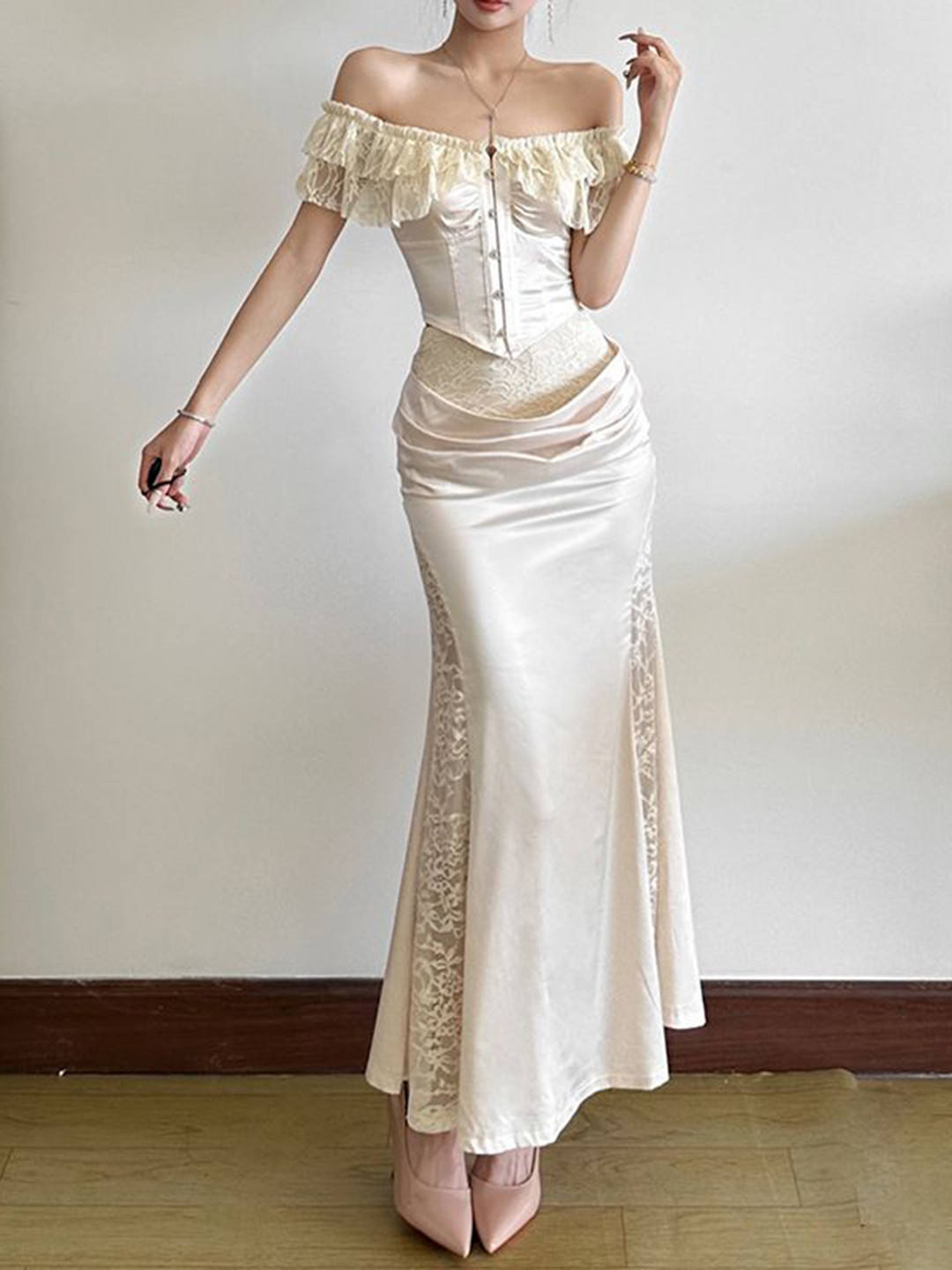 StyleCast White Self-Design Off Shoulder Top & Maxi Skirt