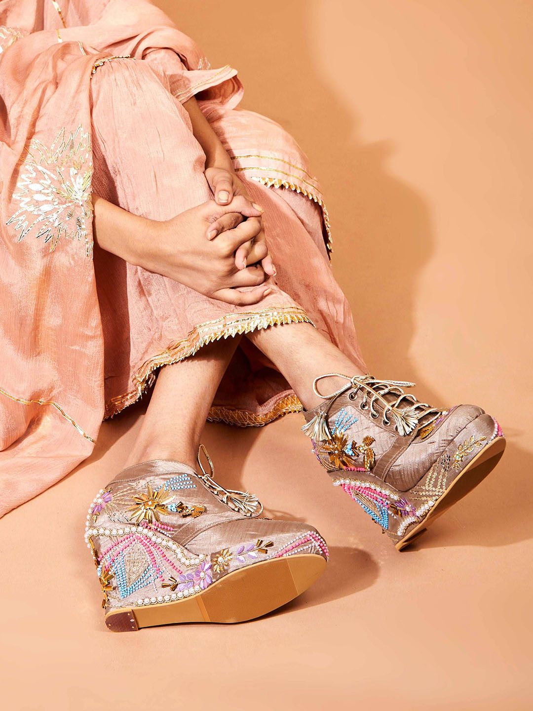 TIESTA Women Satin & Faux Leather Lightweight Embroidered Sneakers