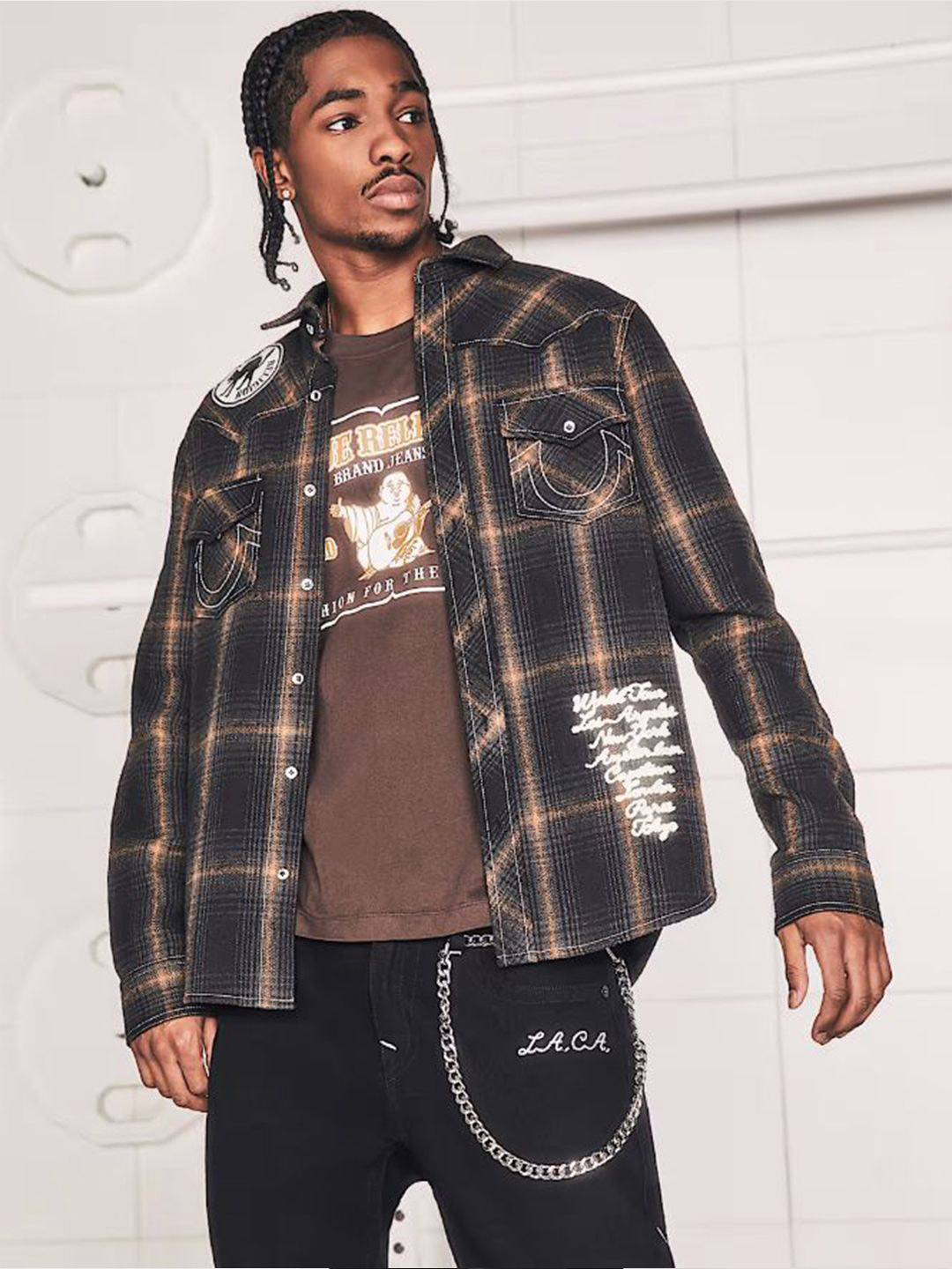 True Religion Men Patch Work Checked Casual Shirt