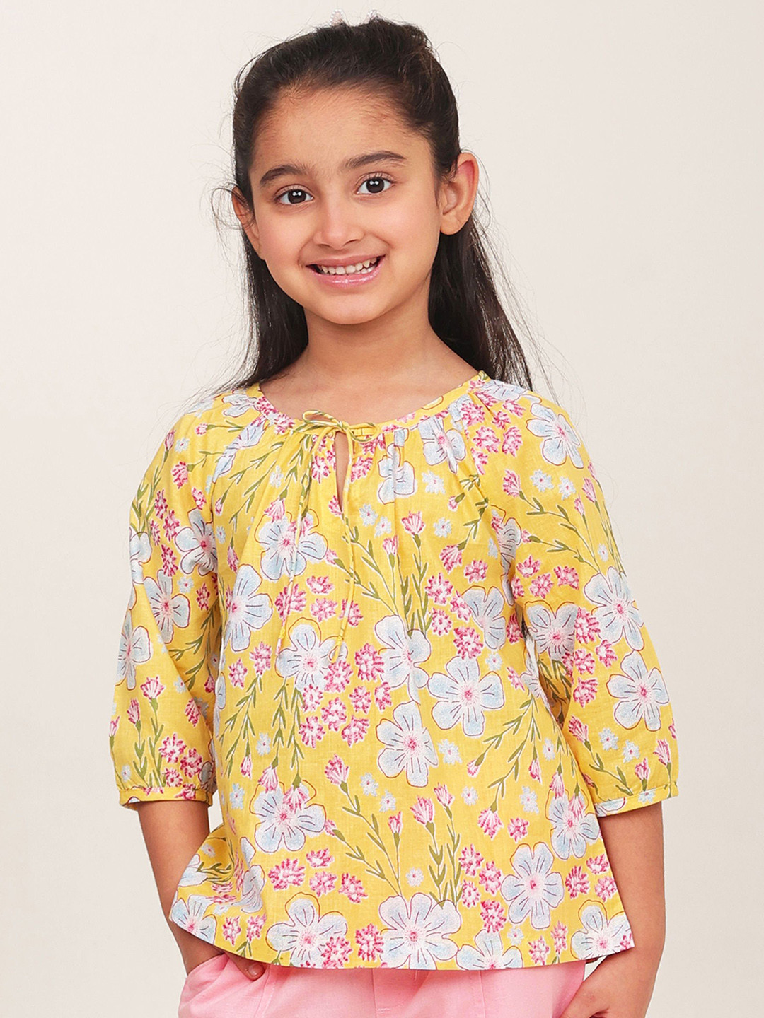 Campana Girls Floral Printed Tie-Up Neck Cotton Top