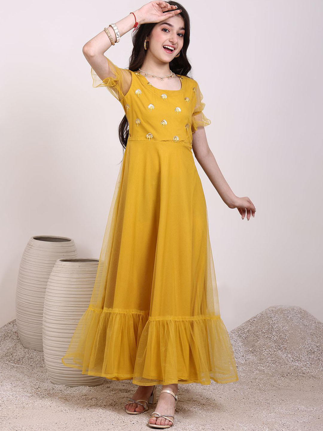 Inddus Girls Ethnic Motif Thread & Sequin Embroidered Ruffle Ethnic Dress