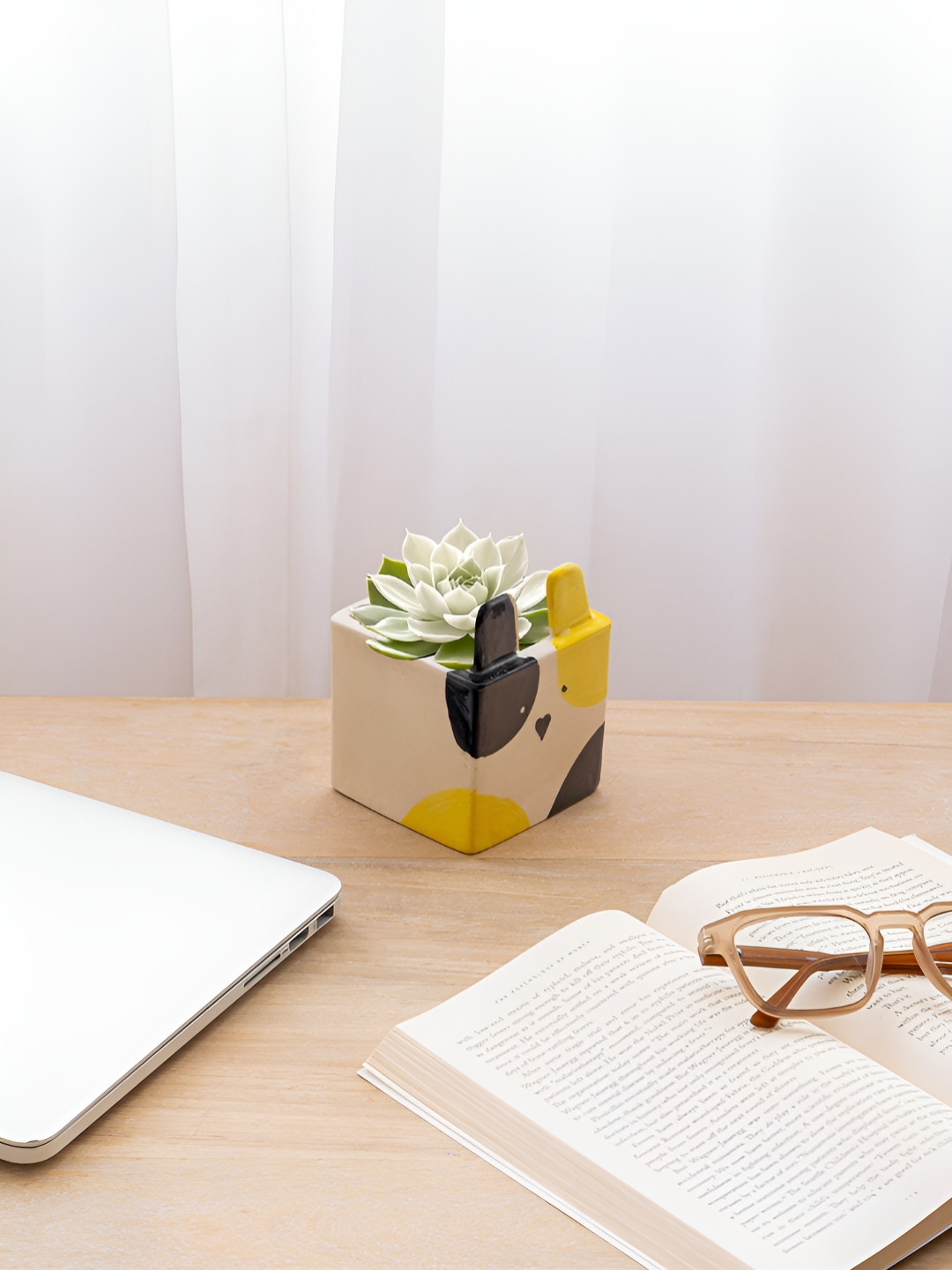 Claymistry White & Black Ceramic Square Planter With Kitty Cat Design