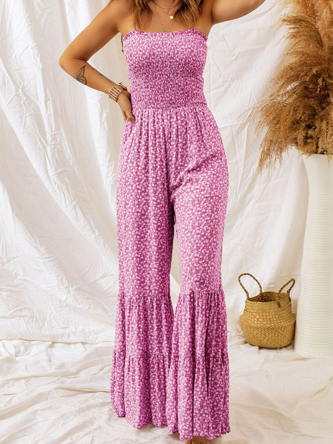 Errabelly Phalaenopsis Thin Straps Smocked Bodice Wide Leg Floral Jumpsuit