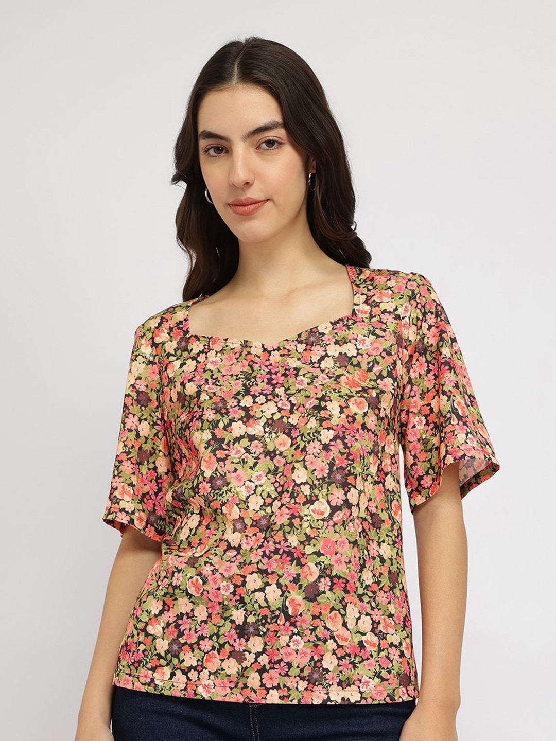 FableStreet Floral Sweetheart Neck Pink Top - Multicolour