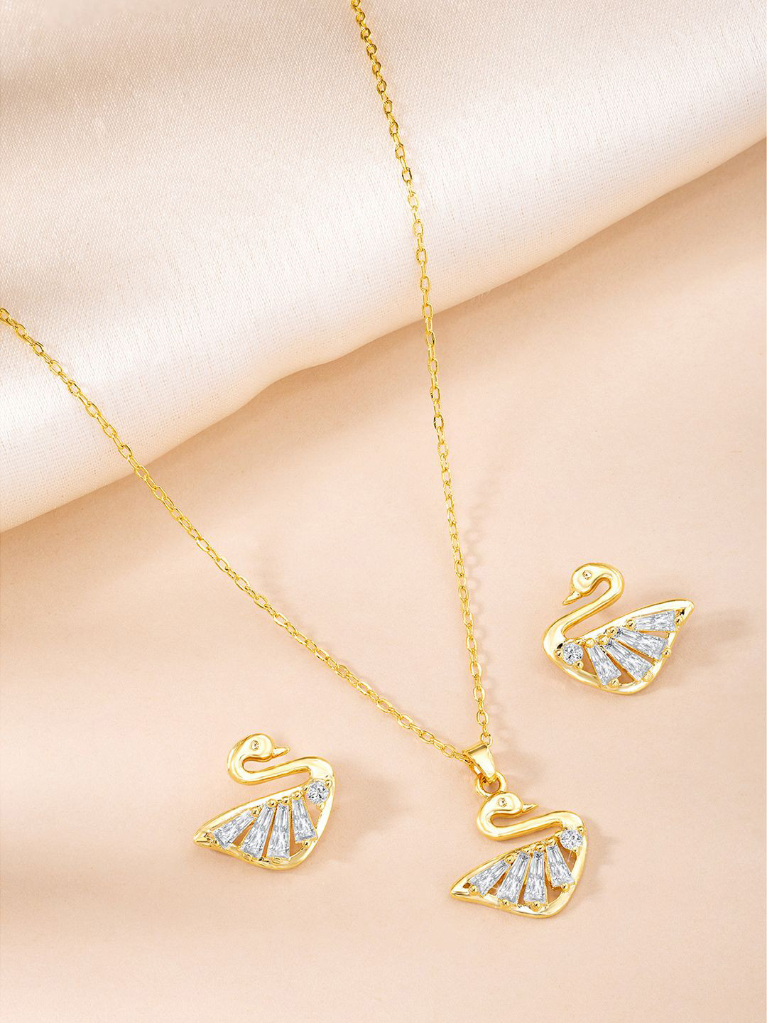 Peora Gold Plated Artificial Stones Studded Swan Pendant and Earrings With Rose
