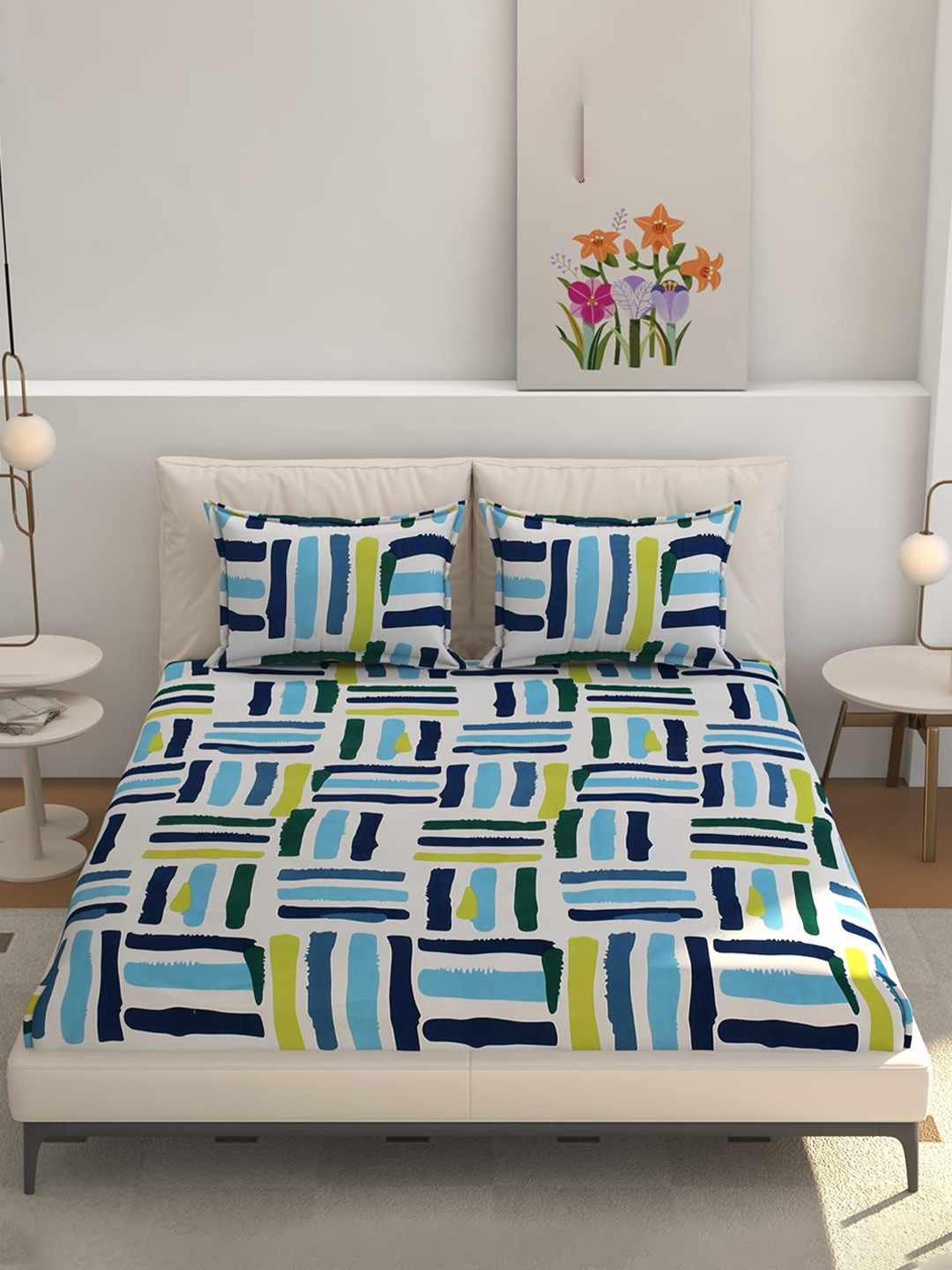 CLIO'S HERITAGE STORE Amulya Blue Abstract Cotton 210 TC Fitted Queen Bedsheet with 2 Pillow Covers-177 x 182 cm