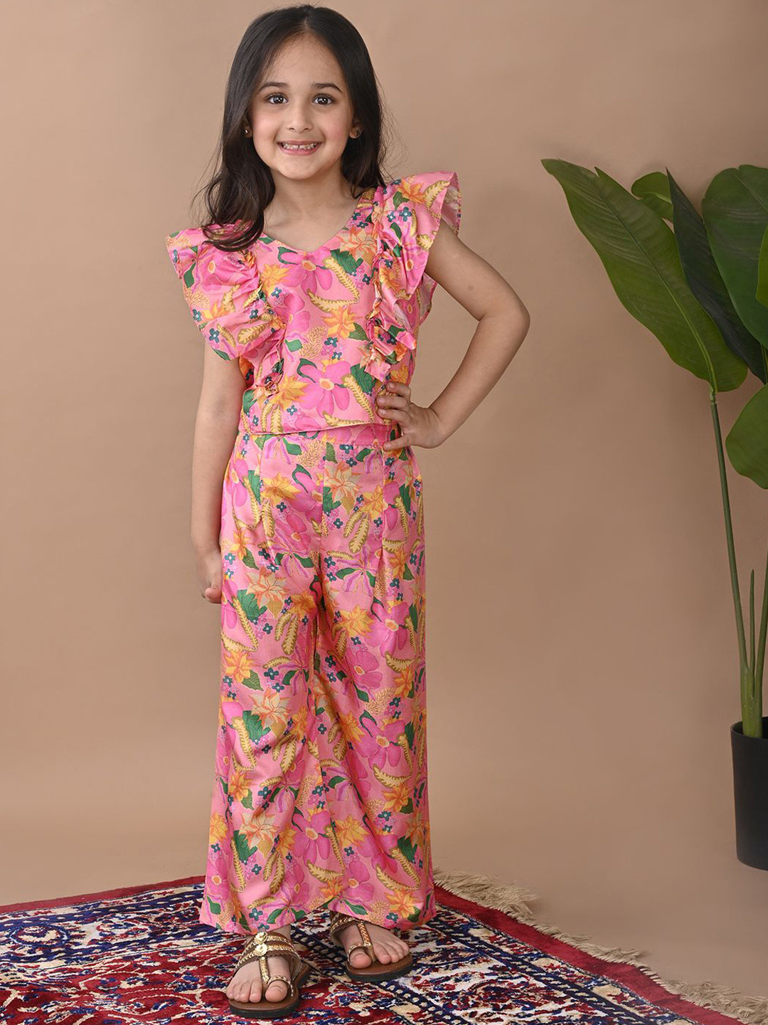 Here&Now X Kinder Kids Girls Printed V-Neck Cap Sleeves Top With Palazzo