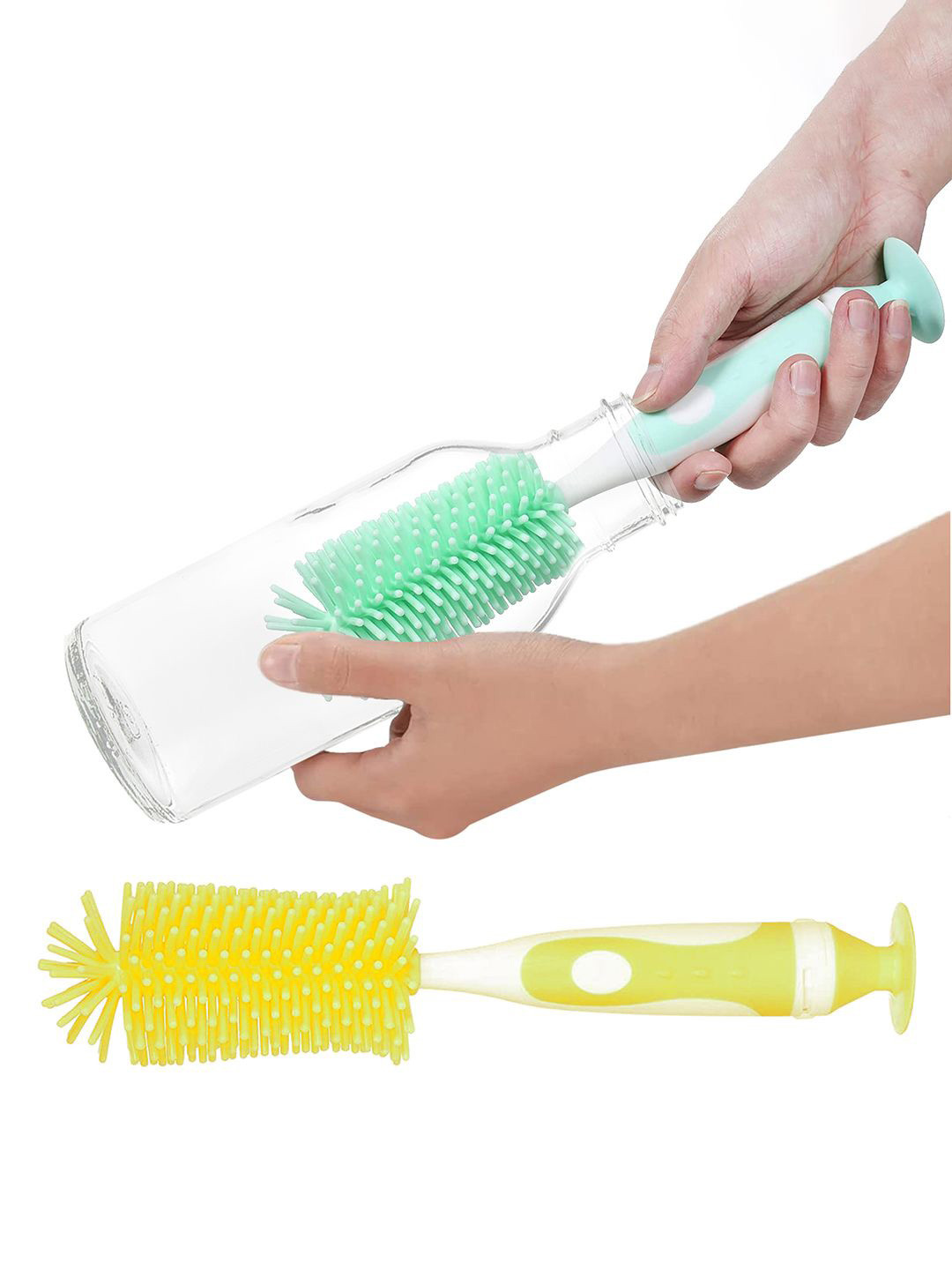 Kuber Industries Yellow & Green 2 Pieces Silicone Detachable Bottle Cleaning Brushes
