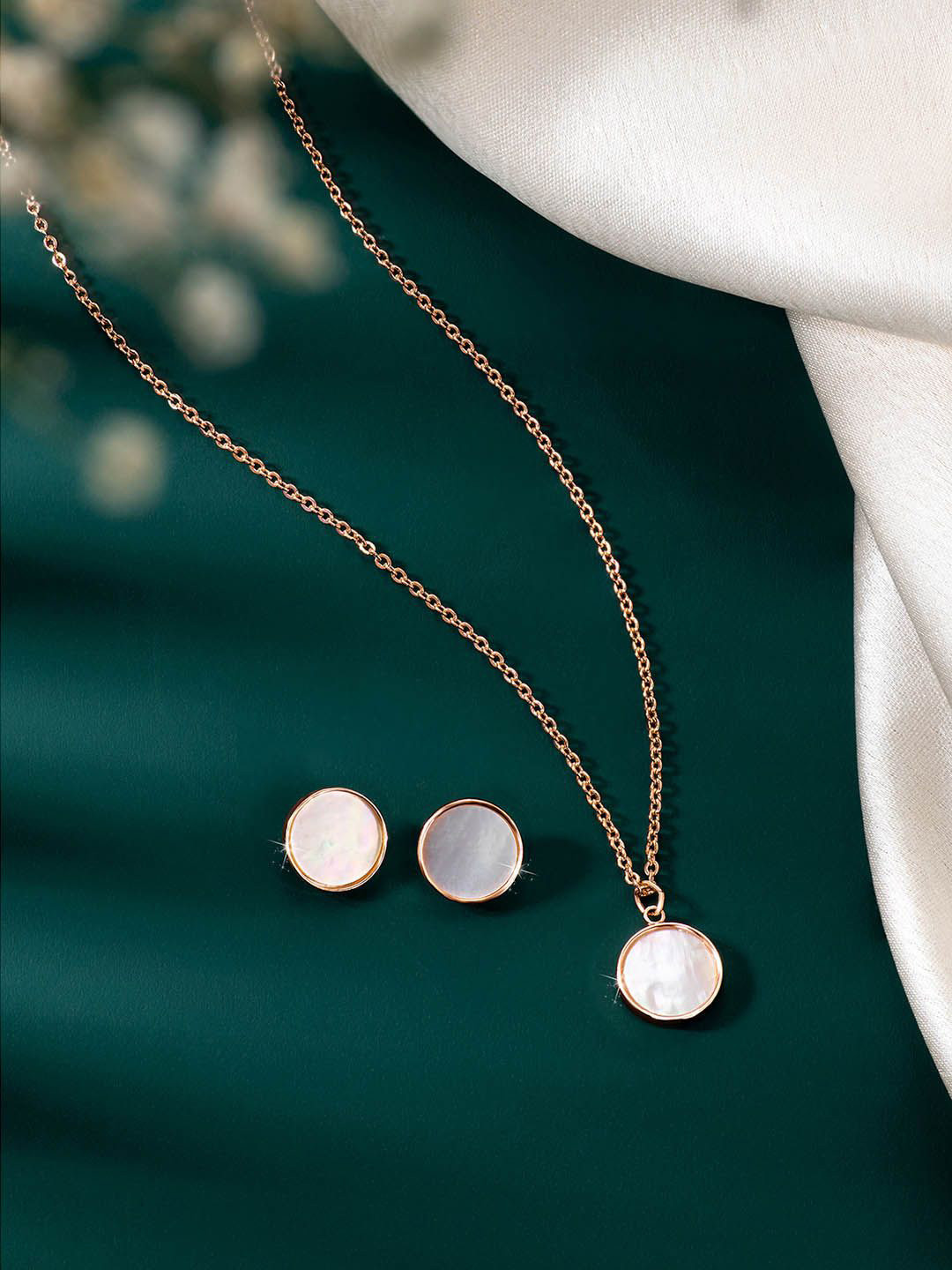 Peora Rose Gold-Plated Artificial Stones-Studded Round Chain & Earrings Jewellery Set
