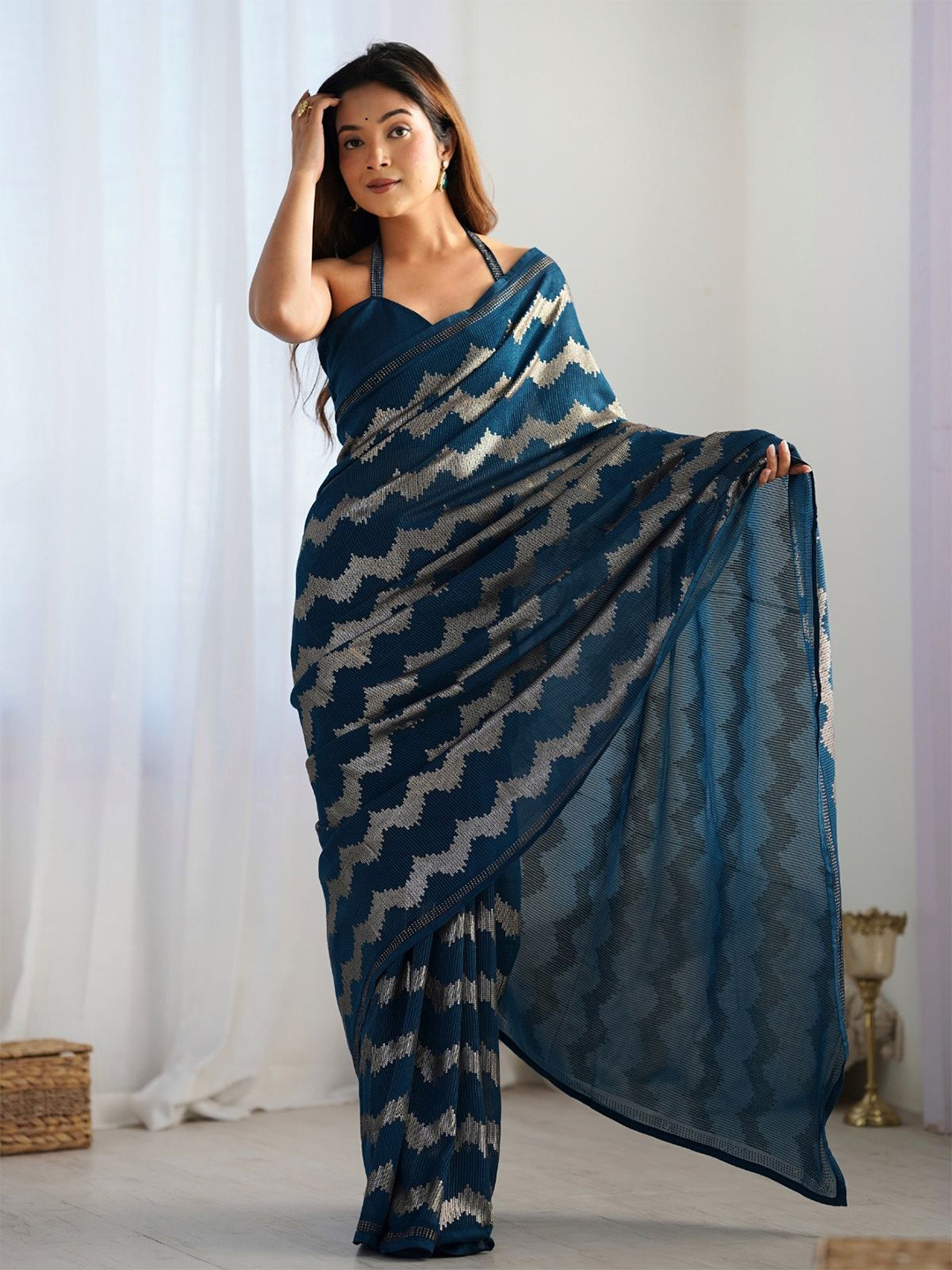 ODETTE Navy Blue Georgette Sequins Saree With Unstitched Blouse For Women