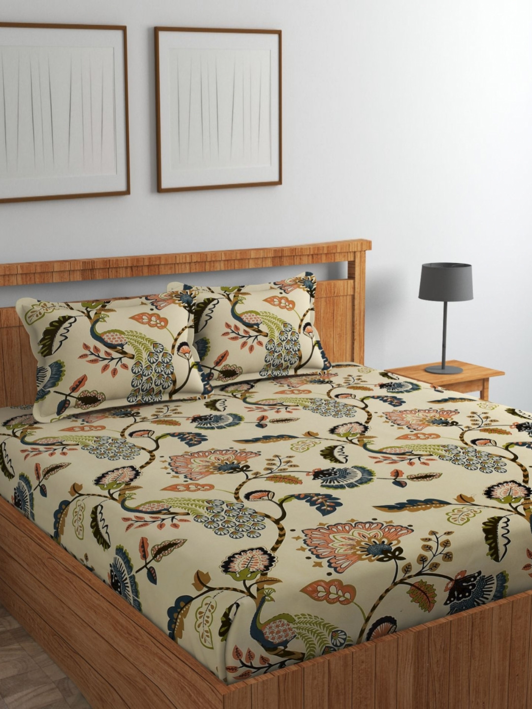 VOMZER Beige Floral Cotton 210 TC Fitted Queen Fine Bedsheet with 2 Pillow Covers-198 x 153 cm